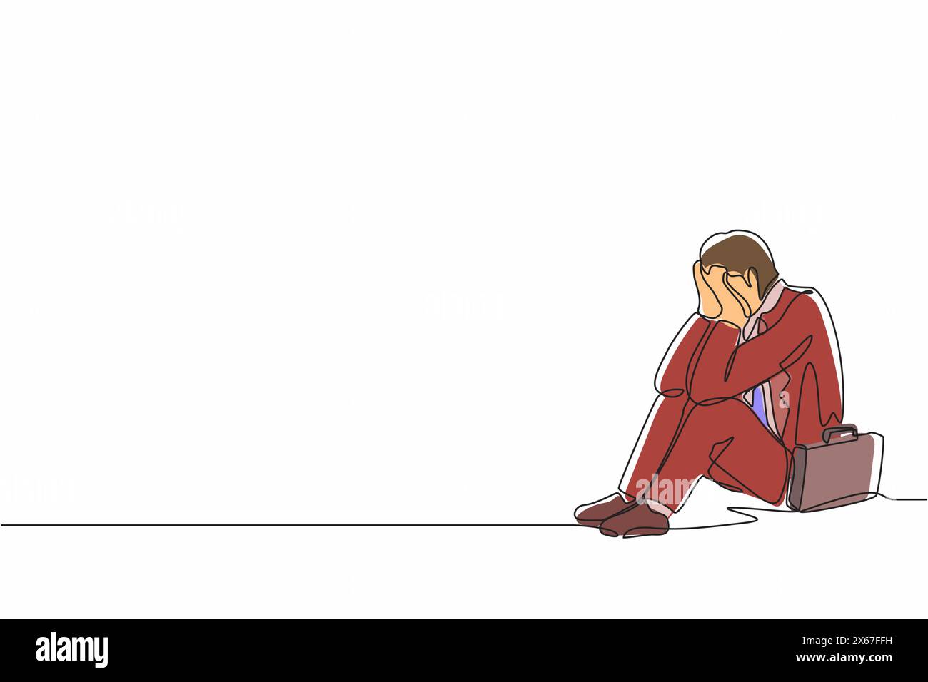 Una sola linea che attira un uomo d'affari che si sente triste e depresso seduto sul pavimento. L'impiegato si sente blu, stress, triste. Depressione per i giovani Illustrazione Vettoriale