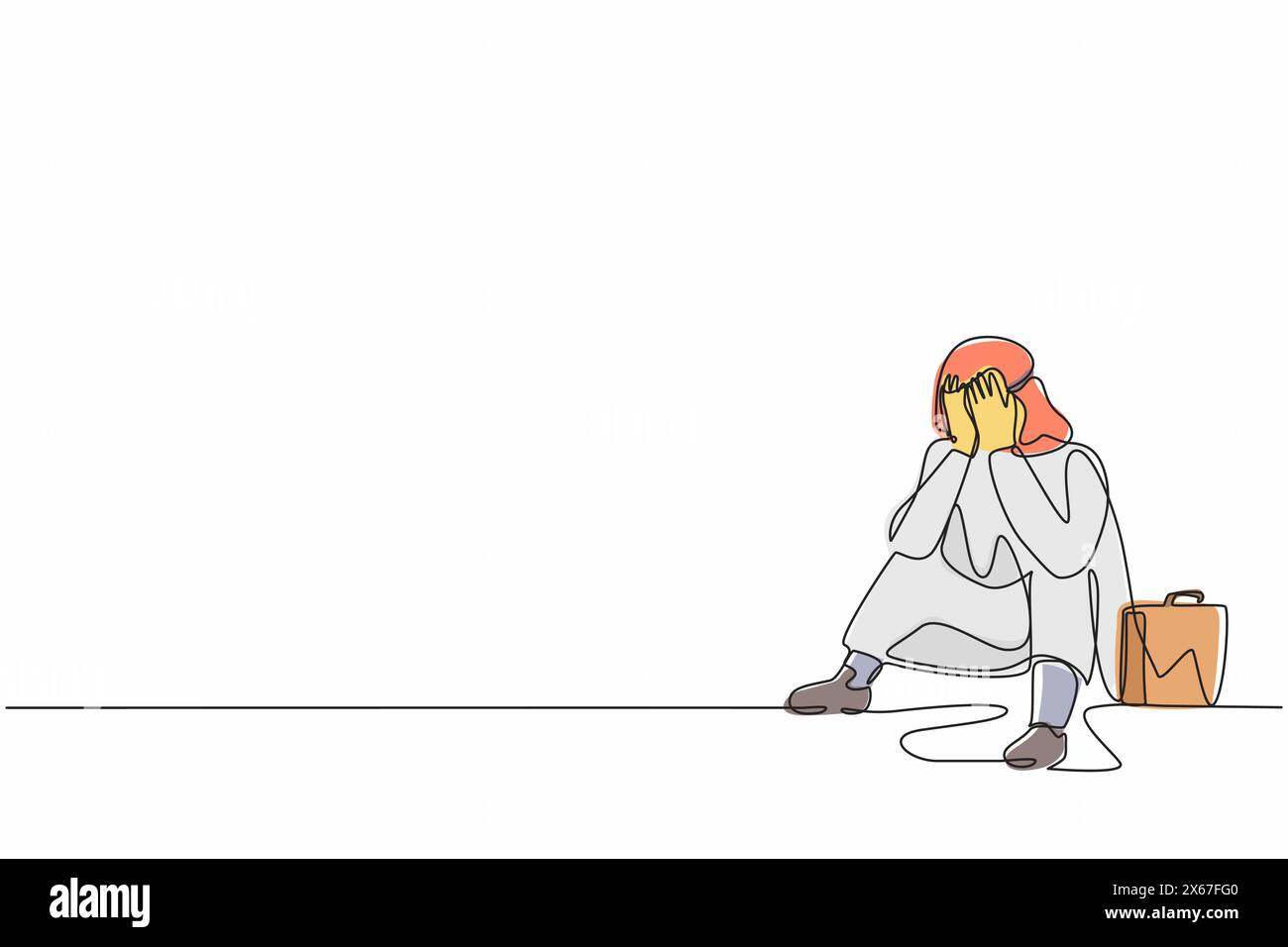 Una linea continua che disegna un uomo d'affari arabo triste coprirsi il viso con le mani e sedersi sul pavimento. Disturbo da depressione, triste, dolore, delusione Illustrazione Vettoriale