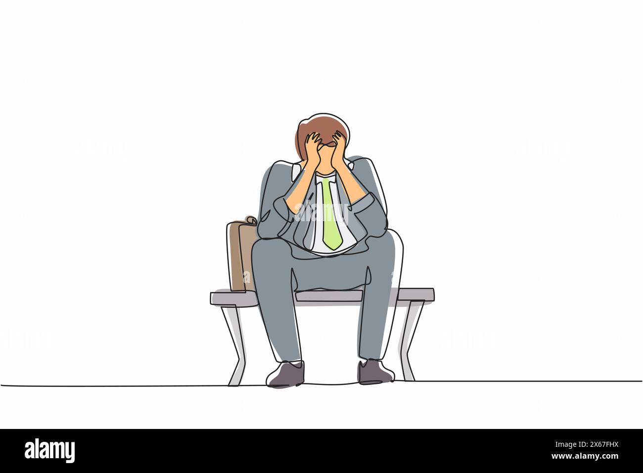 Una linea continua che disegna un uomo d'affari triste, depressione. Uomo solo seduto sulla panchina del parco. Giovane personaggio maschile che gli tiene la testa. Concetto di fallimento. Illustrazione Vettoriale