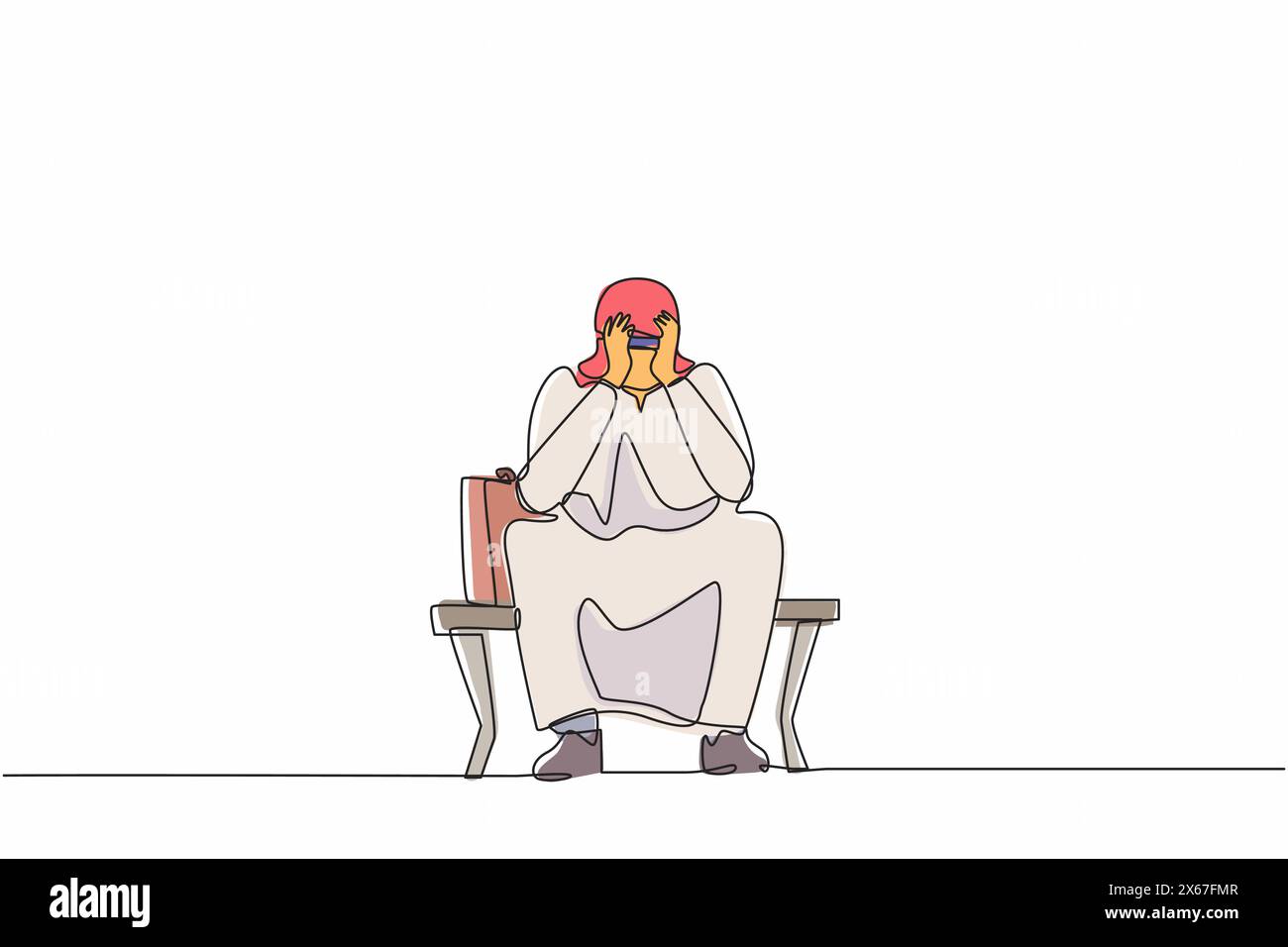 Una linea continua che disegna un uomo d'affari arabo triste, depressione. Uomo solo seduto sulla panchina del parco. Giovane personaggio maschile che gli tiene la testa. Errore conc Illustrazione Vettoriale