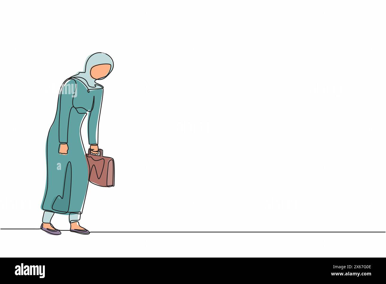 Una linea continua che disegna una triste donna d'affari araba che guarda in basso, tenendo in mano la valigetta. Donna con pressione mentale o stress. Fallimento di econo globale Illustrazione Vettoriale