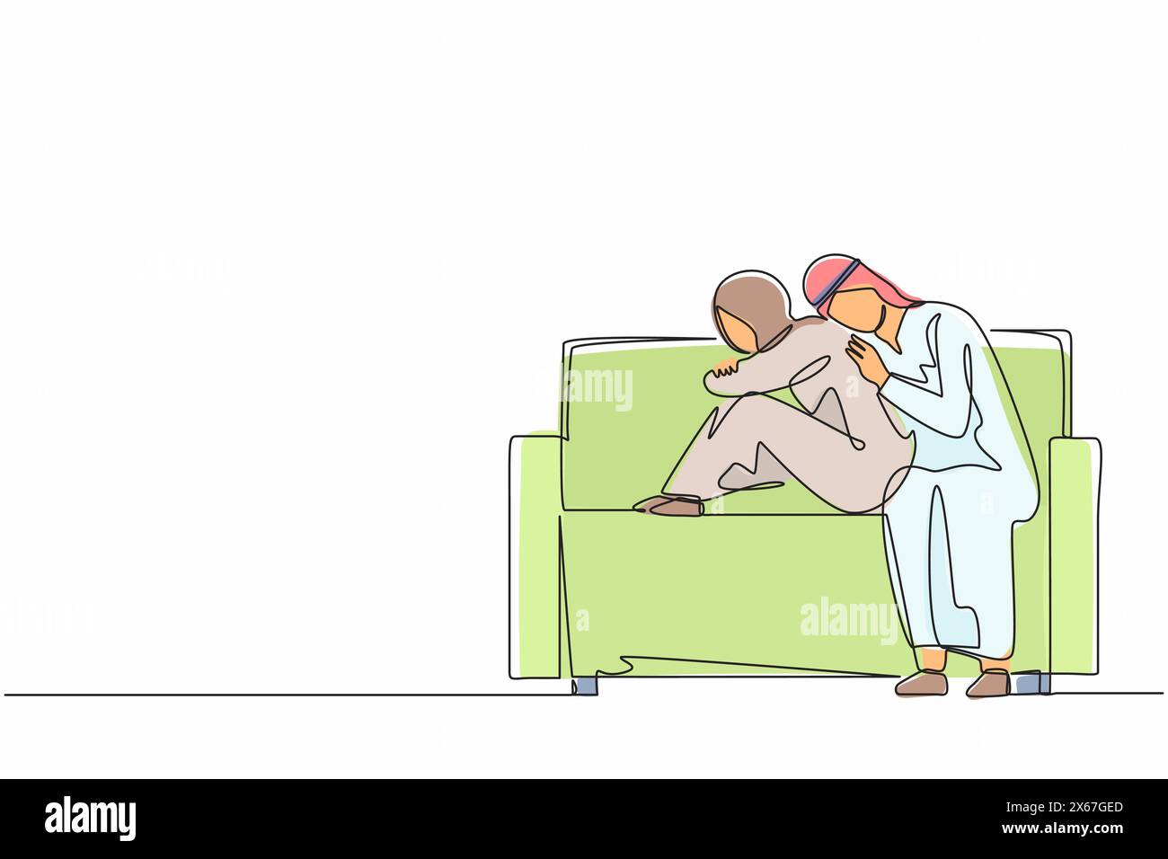 Linea singola continua che disegna un uomo arabo che dà conforto e sostegno alla donna, abbracciandosi sulla spalla. Ragazza che sente stress, solitudine, ansia. Contro Illustrazione Vettoriale