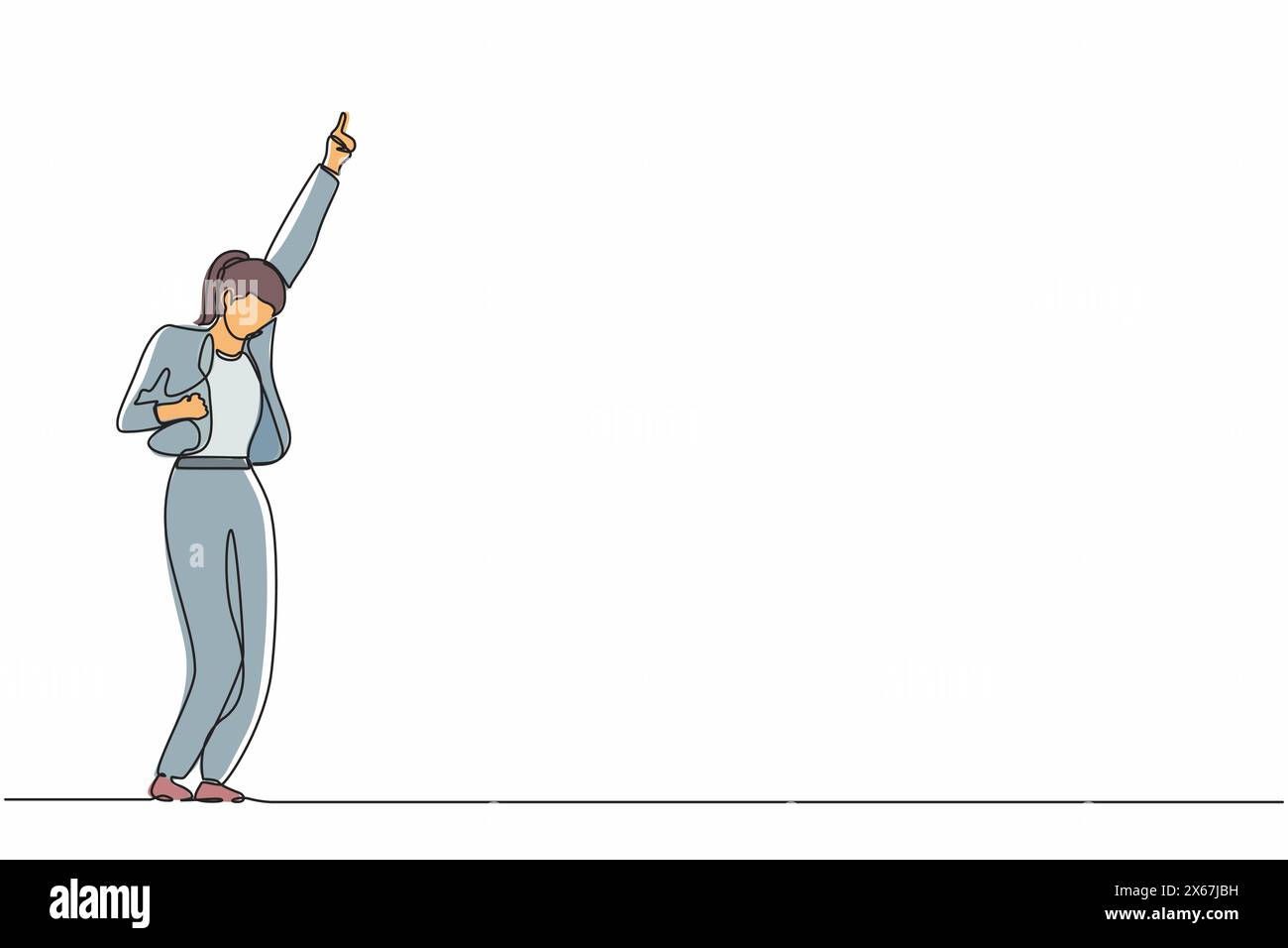 Linea singola continua che disegna una donna d'affari felice in piedi con una mano e l'altra mano posa sì. Gli impiegati celebrano il successo di Compan Illustrazione Vettoriale