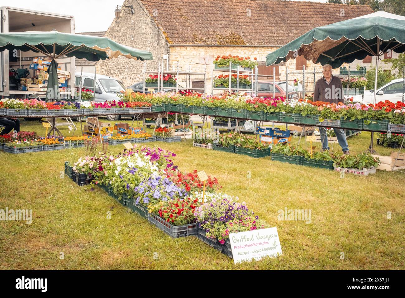 Nabirat, Nouvelle-Aquitaine, Francia - 12 maggio 2024: Vasi di fiori colorati in vendita all'annuale fiera delle fragole, Foire de la Fraise, a Nabirat Foto Stock