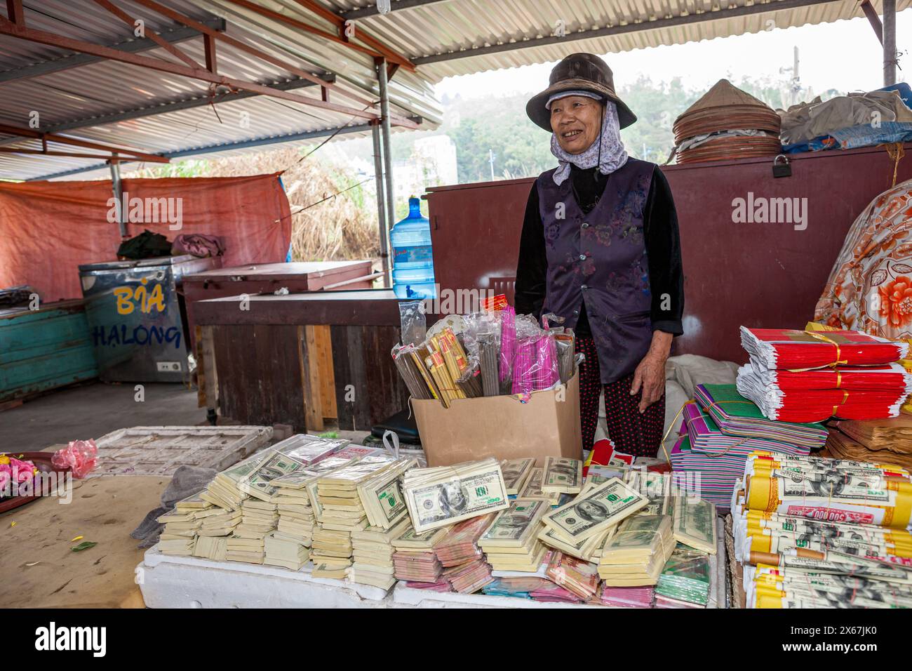 Vietnam, Bai Chay, ha Long Bay, mercato locale: Donna che vende finti dollari per fortuna Foto Stock