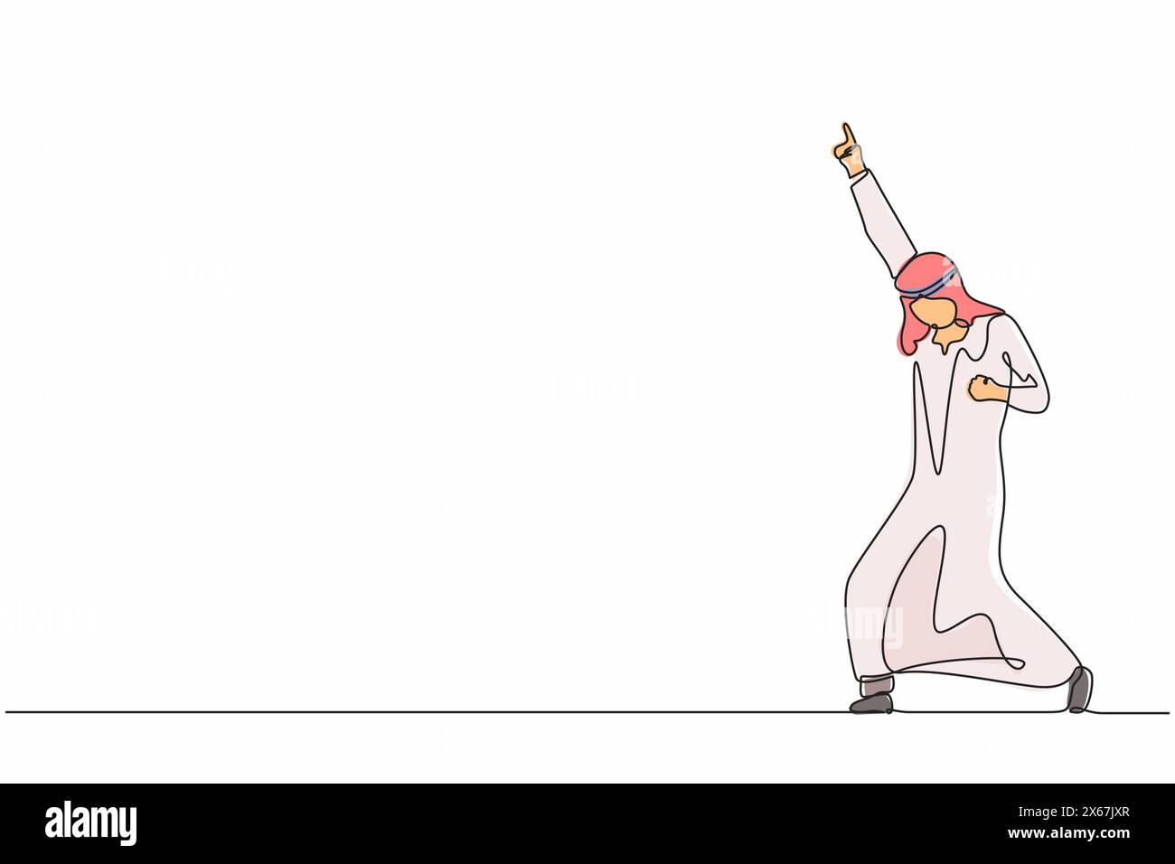 Continua una linea che disegna felice uomo d'affari arabo in piedi con una mano alzata e l'altra mano posa sì. Gli impiegati celebrano il successo di Compan Illustrazione Vettoriale