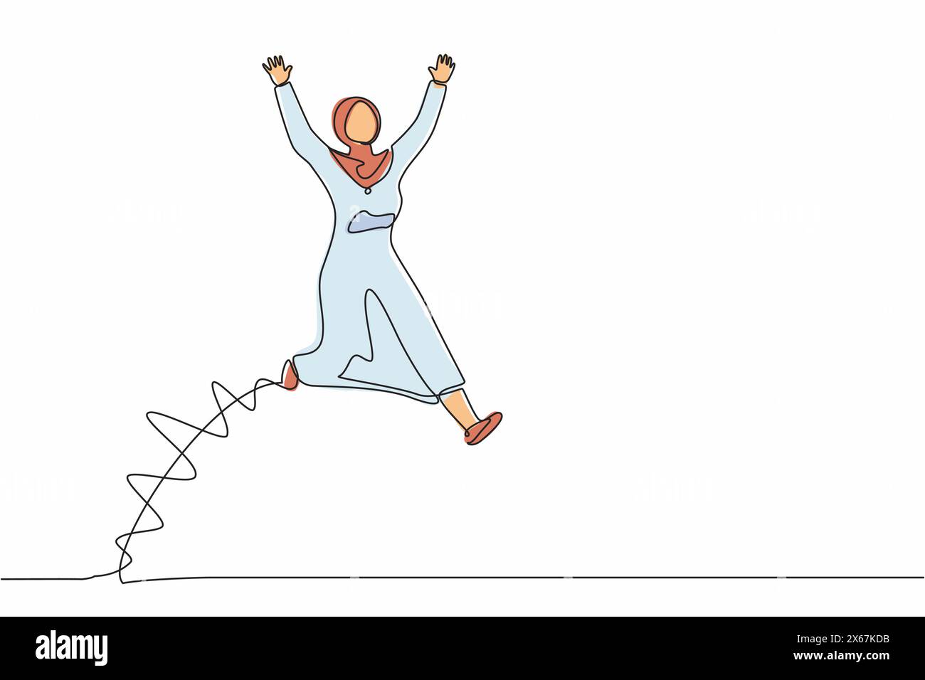 Singola linea continua disegno felice donna d'affari araba saltare con entrambe le mani alzate. Saleswoman celebra l'aumento degli stipendi e i vantaggi dell'azienda. Illustrazione Vettoriale