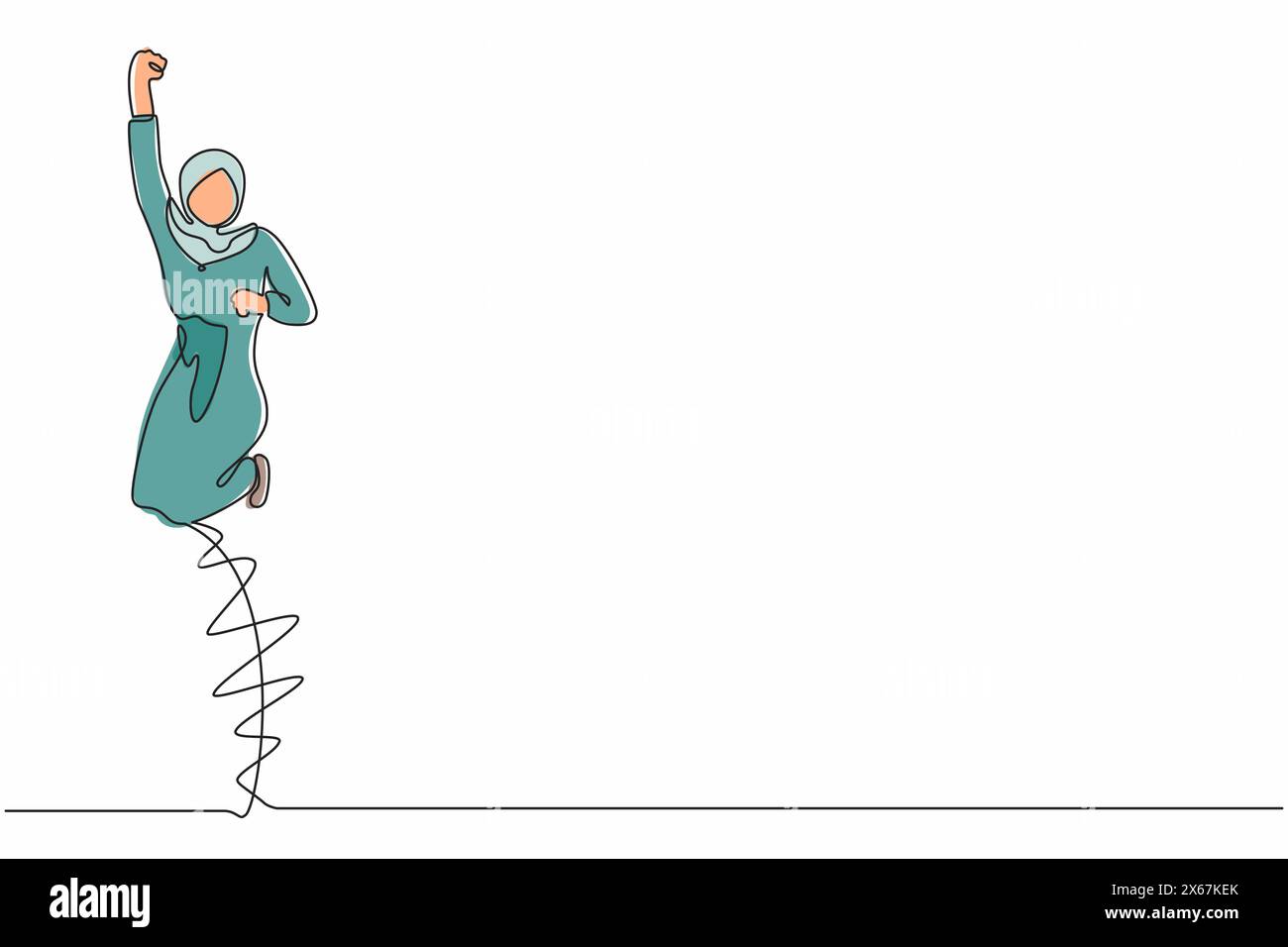 Una sola linea disegna una donna d'affari araba felice salta con piega una gamba e solleva una mano. Manager donna che celebra il successo di un'azienda in crescita Illustrazione Vettoriale