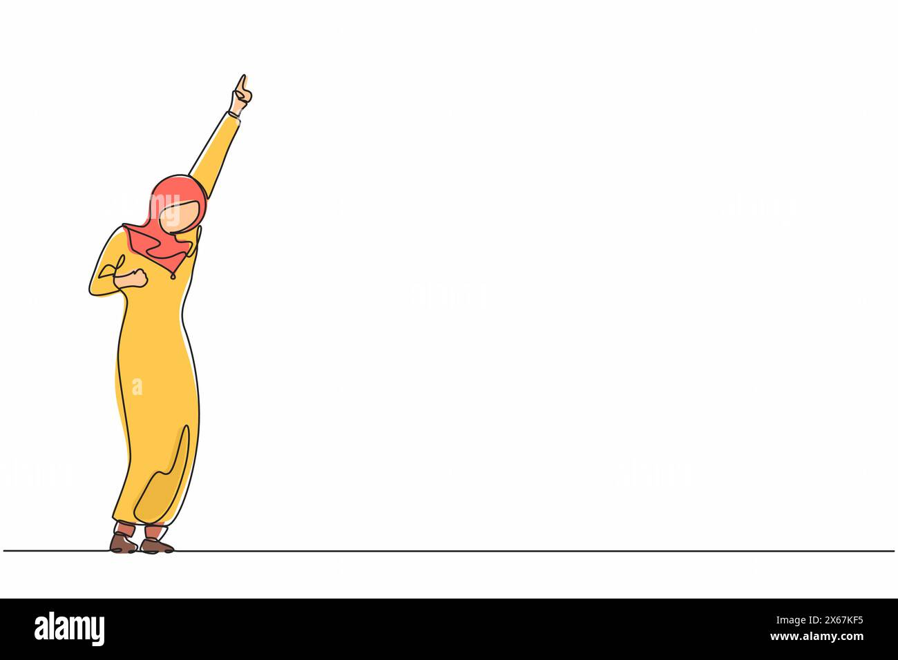 Continua una linea che disegna felice donna d'affari araba in piedi con alzare una mano e l'altra mano posa sì. Gli impiegati festeggiano il successo della compa Illustrazione Vettoriale