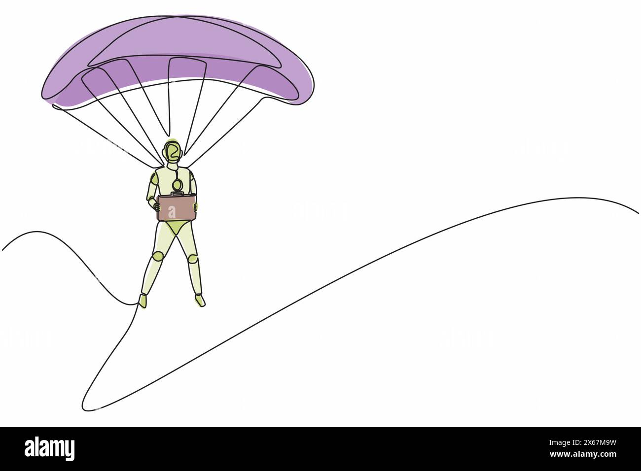 I robot da disegno a una sola linea saltano con il paracadute e la valigetta. Organismo cibernetico robot umanoide. Il futuro concetto di sviluppo robotico. Con Illustrazione Vettoriale