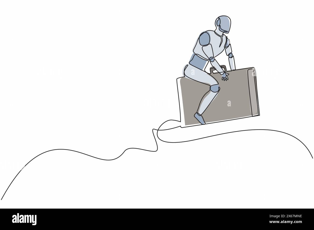 Linea singola continua che disegna robot in sella e vola con razzi portadocumenti. Organismo cibernetico robot umanoide. Il futuro concetto di sviluppo robotico Illustrazione Vettoriale