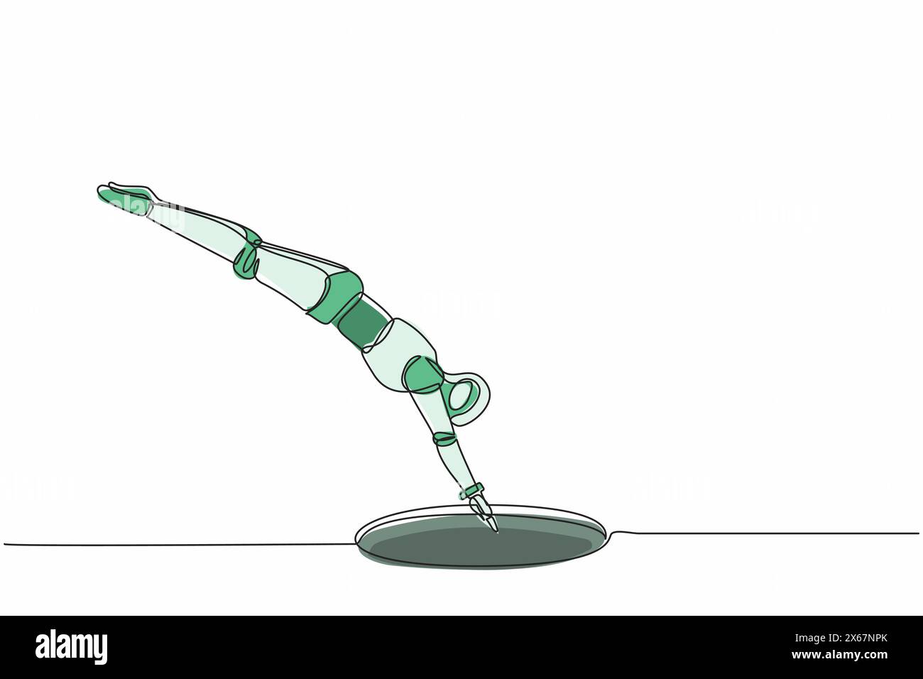 Un'unica linea che disegna il robot salta nel foro. Sviluppo tecnologico futuro. Intelligenza artificiale e processi di apprendimento automatico. Moderno e continuo Illustrazione Vettoriale