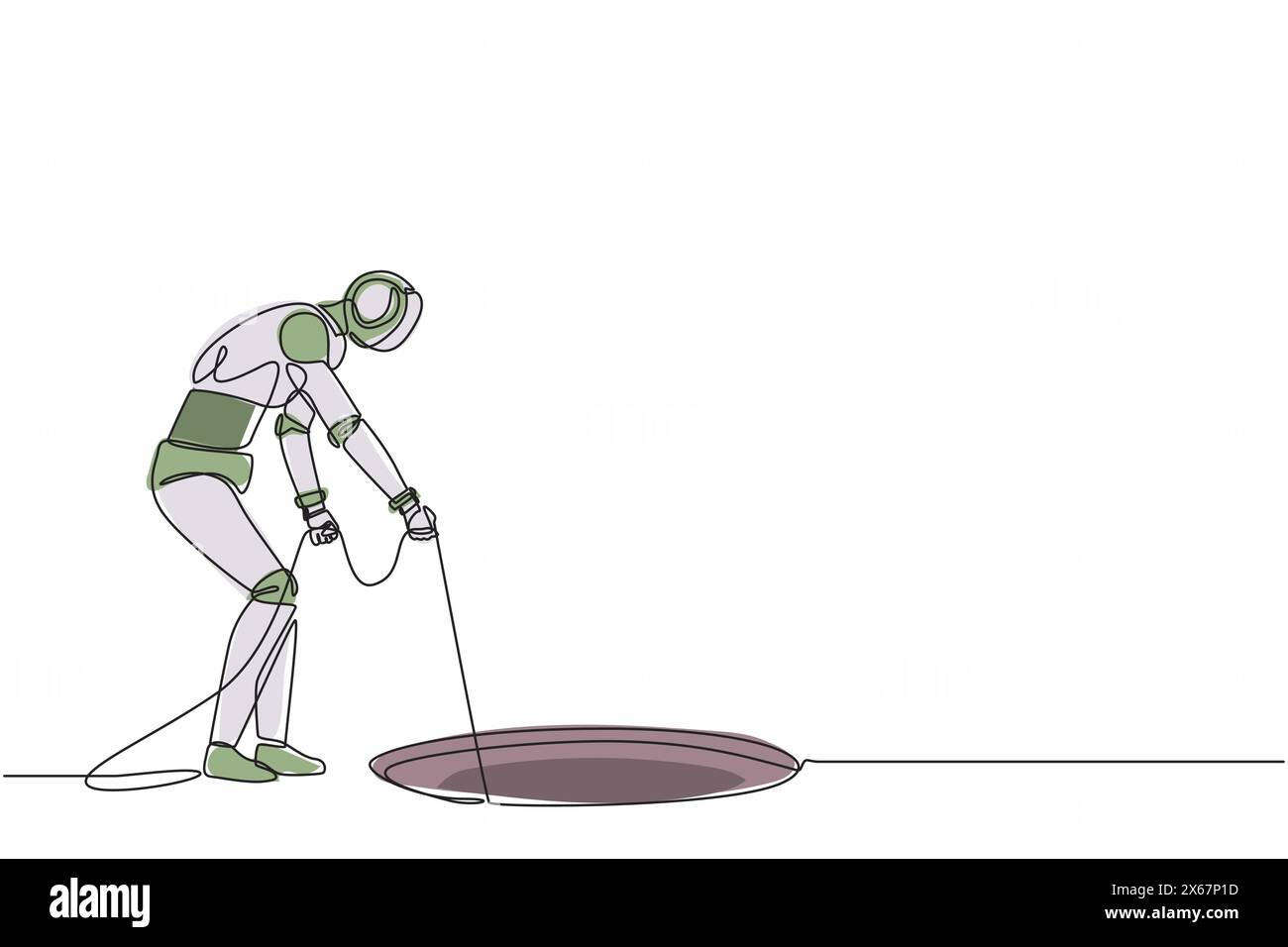 Una linea continua che fa tirare il robot estendendo la fune nel foro. Mi chiedo, guardando buco. Organismo cibernetico robot umanoide. Sviluppo robotico futuro Illustrazione Vettoriale