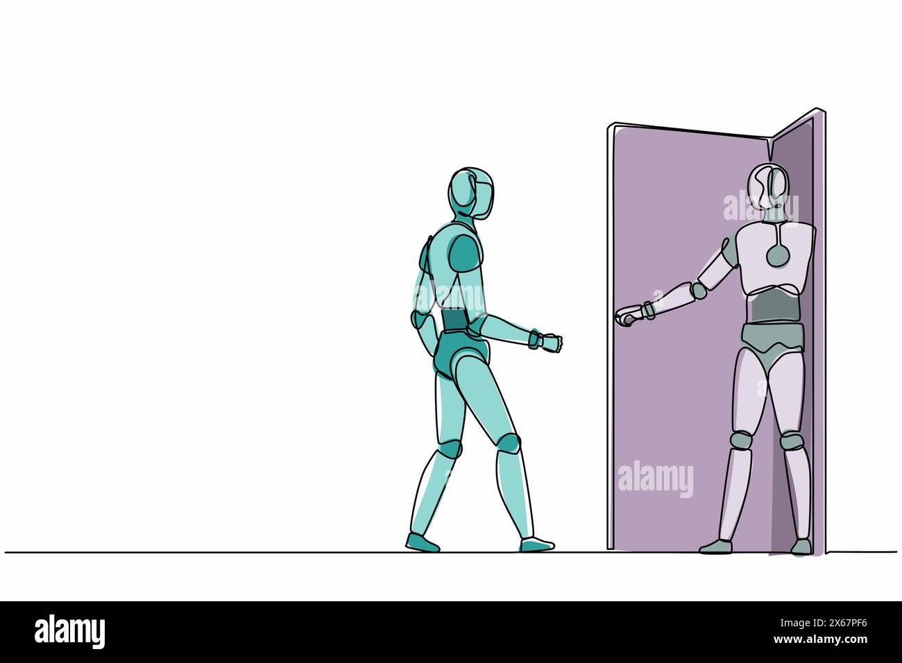 Il robot per disegnare una sola linea invita il suo amico a entrare nel suo ufficio. Tecnologia del futuro. Intelligenza artificiale e processo di apprendimento automatico. Illustrazione Vettoriale