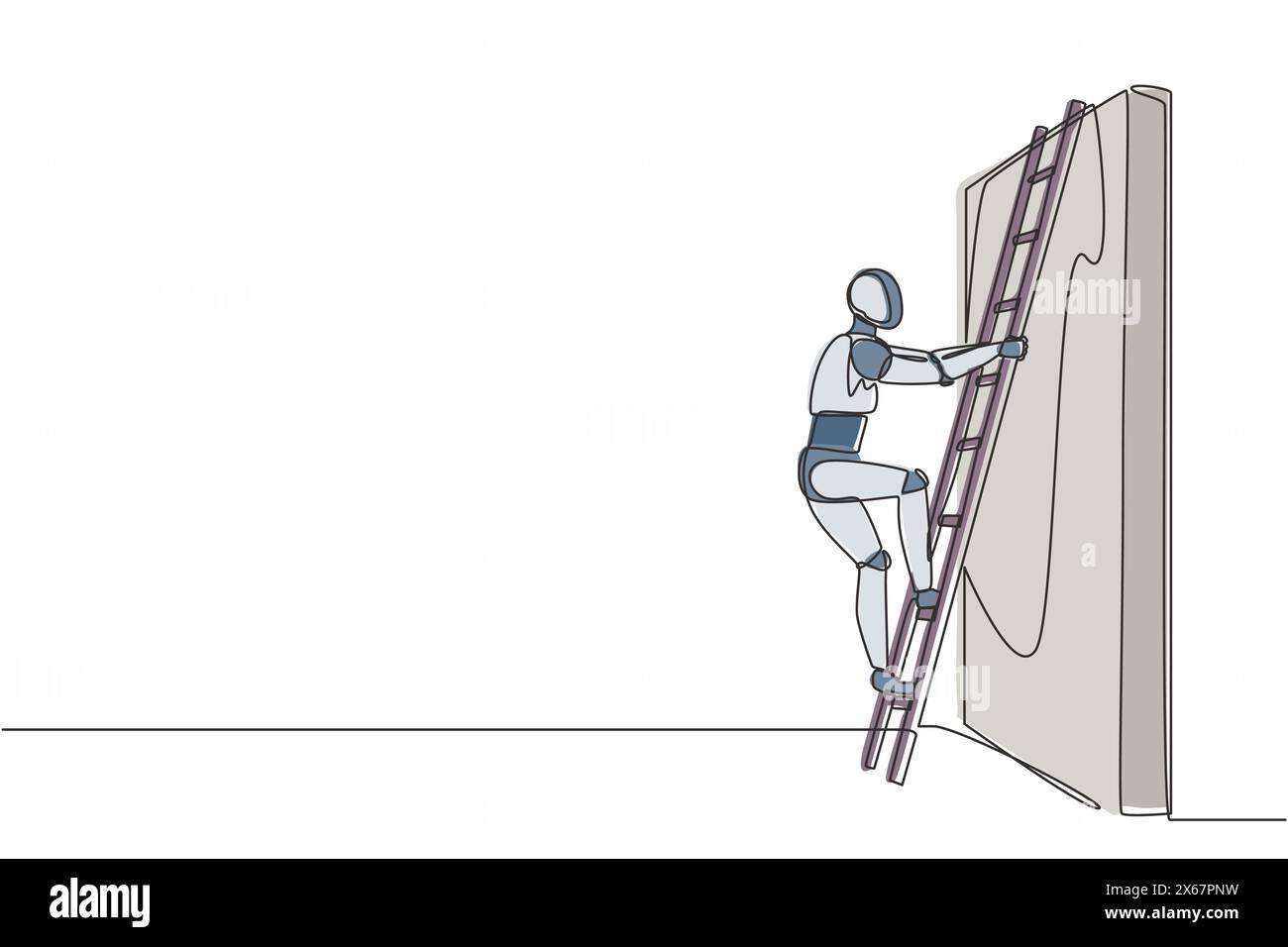 Robot a linea singola continua che si arrampica sul muro con la scala. Metafora degli ostacoli aziendali. Intelligenza artificiale robotica. Tecnol. Elettronico Illustrazione Vettoriale
