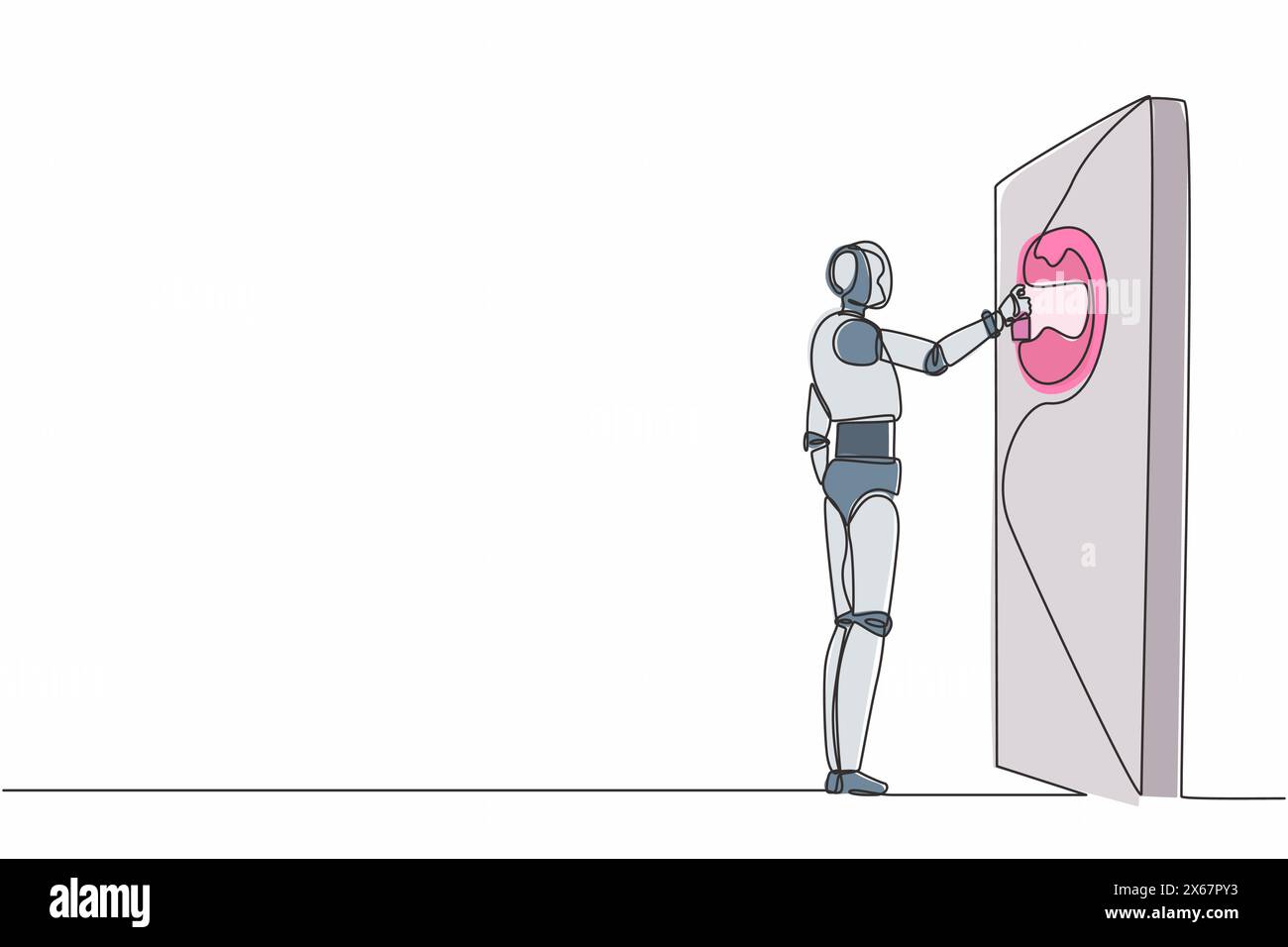 Il robot di disegno a una sola linea sta dipingendo un'immagine astratta sul muro. Sviluppo tecnologico futuro. Intelligenza artificiale e apprendimento automatico. C Illustrazione Vettoriale