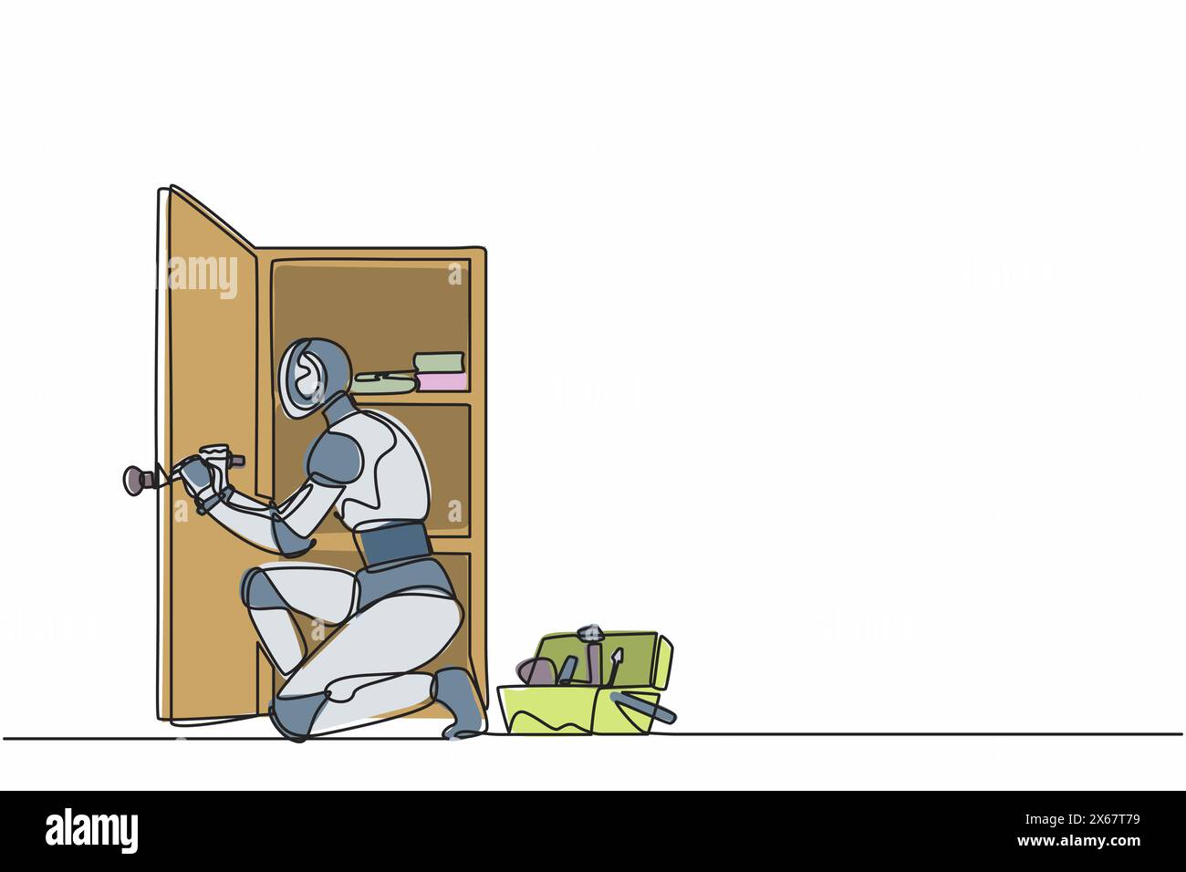 Il carpentiere robot a una linea continua sta assemblando un armadio o un armadietto con ripiani. Organismo cibernetico robot umanoide. Robotica futura. Peccato Illustrazione Vettoriale