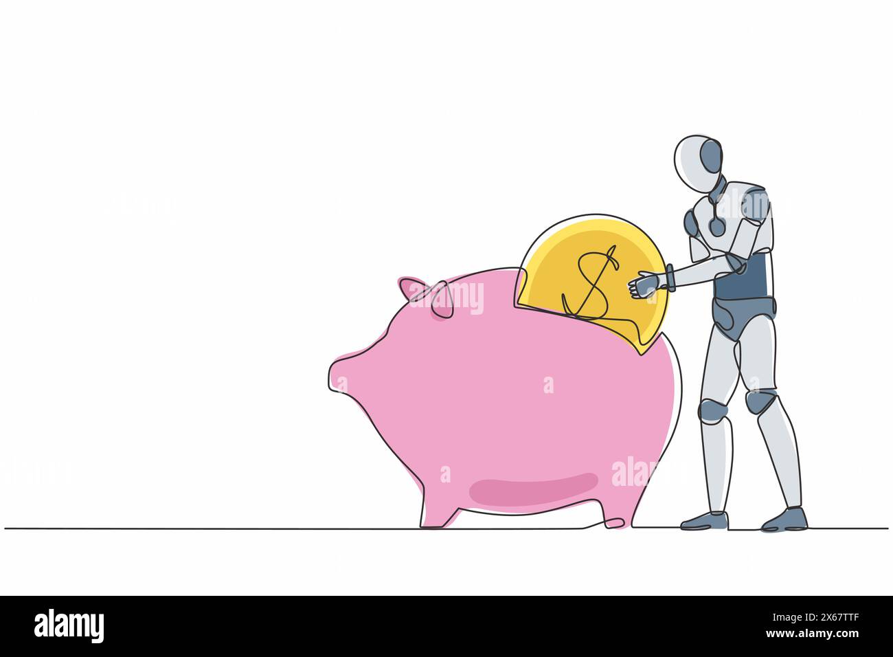 Un robot continuo che disegna una linea e mette una moneta da un dollaro nel salvadanaio. Organismo cibernetico robot umanoide. Il futuro concetto di sviluppo robotico. Singolo Illustrazione Vettoriale