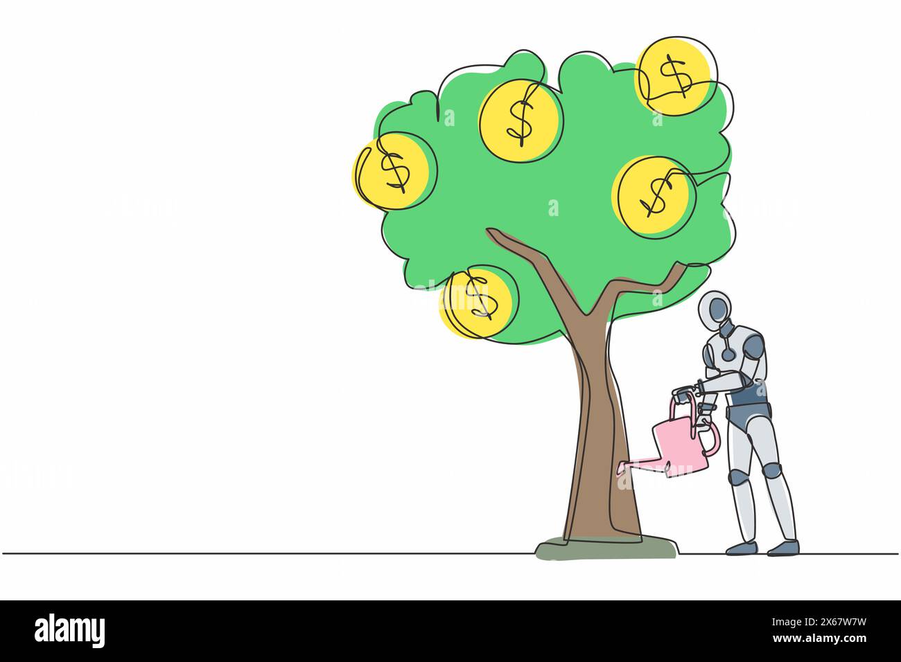 Linea singola continua che disegna l'albero di irrigazione robotizzato con il simbolo del dollaro delle monete. Crescita dei profitti. Intelligenza artificiale robotica. Tecnologia elettronica. Acceso Illustrazione Vettoriale