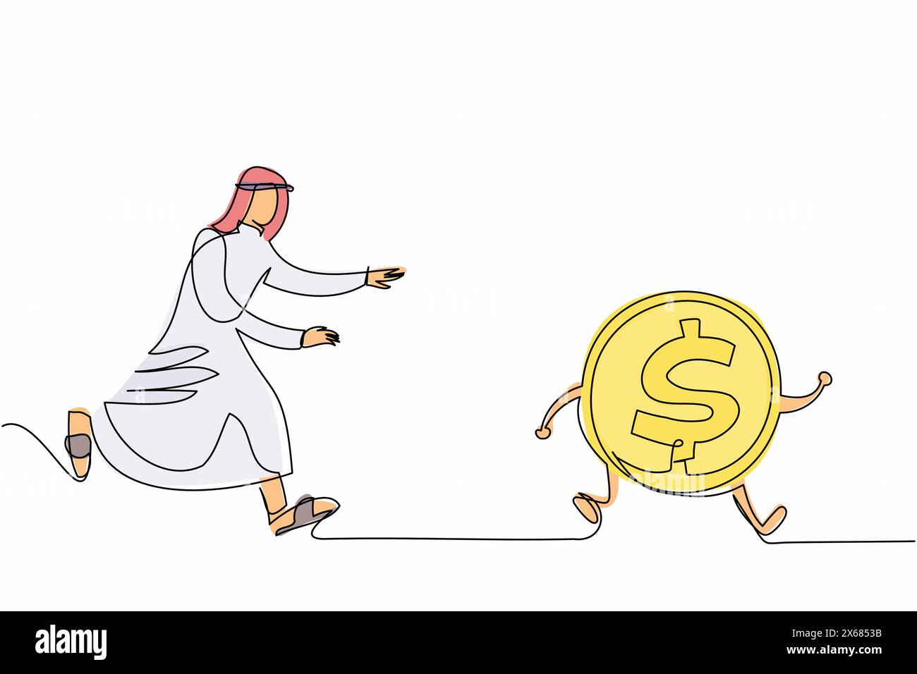 Linea singola continua che disegna un uomo d'affari arabo che insegue la moneta da un dollaro. Lottare per il successo, inseguire i sogni, fare profitti. Procurati quanti più soldi possibile Illustrazione Vettoriale