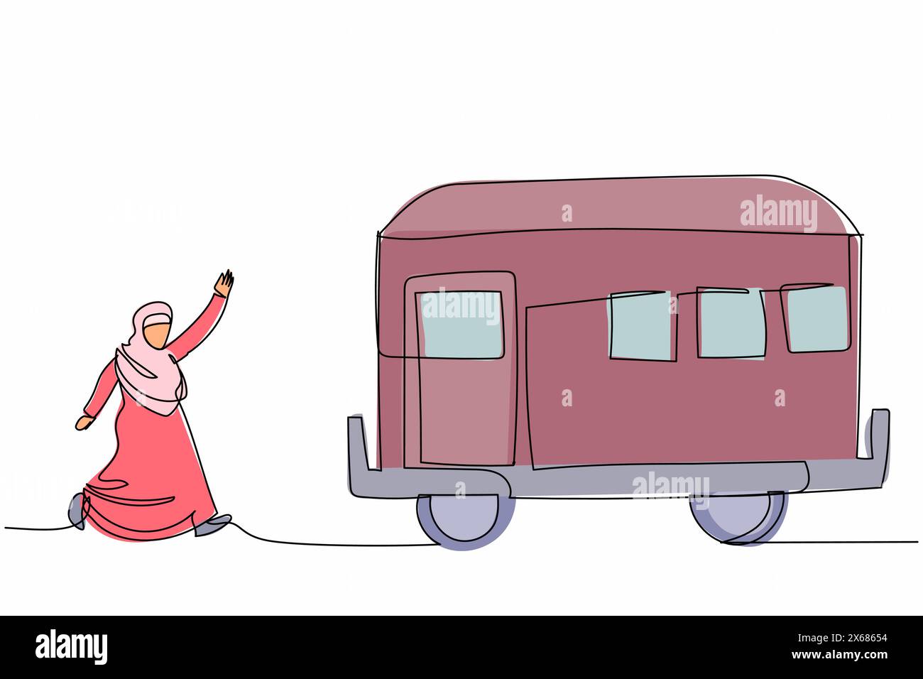 Linea singola continua che disegna una donna d'affari araba che corre il treno inseguimento. Manager in ritardo rispetto al lavoro e alla scadenza. Lavoratore ritardatario che corre lungo la piattaforma fino a rea Illustrazione Vettoriale
