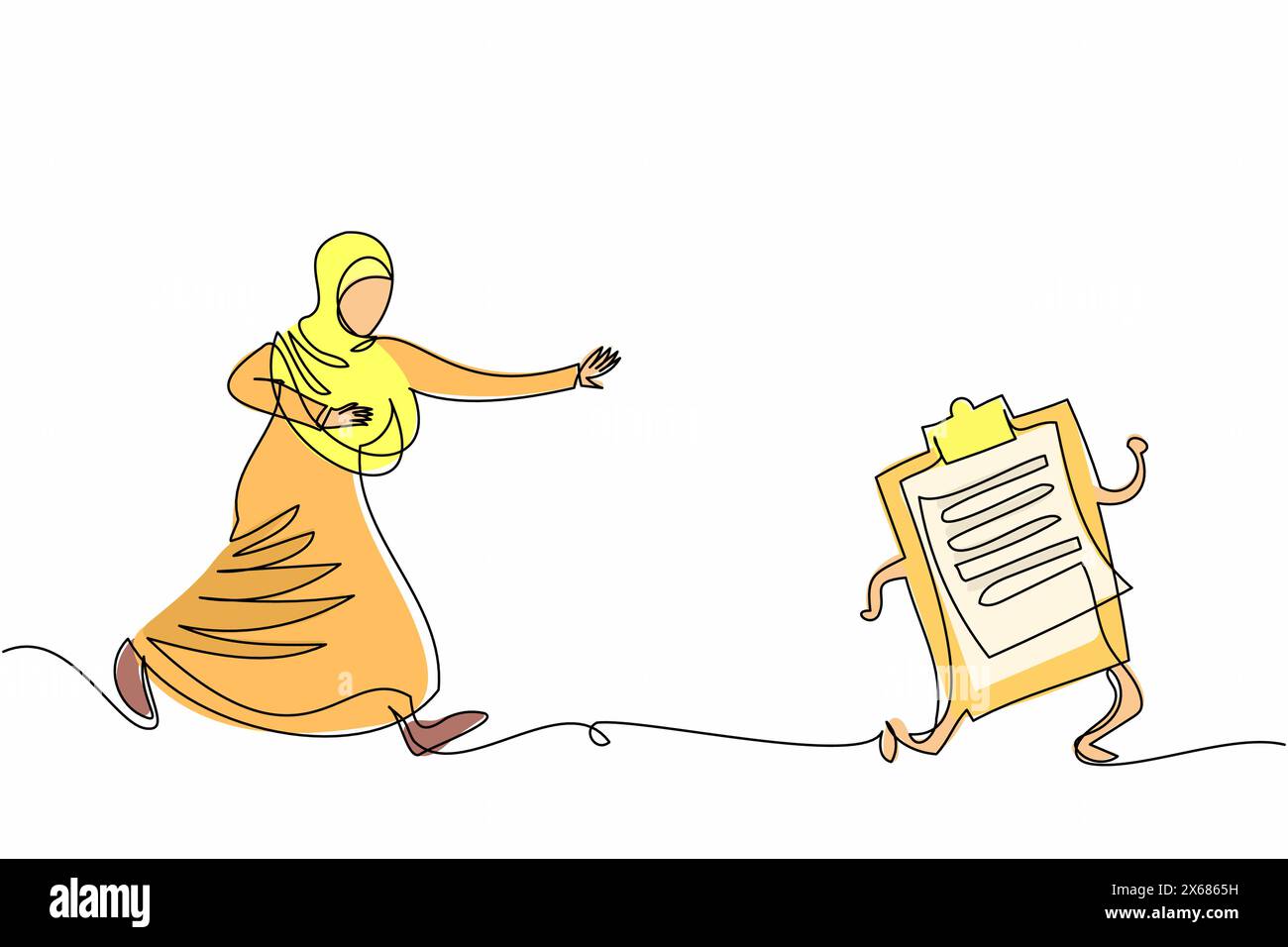 Una linea continua che disegna una donna d'affari araba che insegue gli appunti. Capo arabo donna che archivia la lista di controllo, il sondaggio, la firma del documento e i documenti. Si Illustrazione Vettoriale