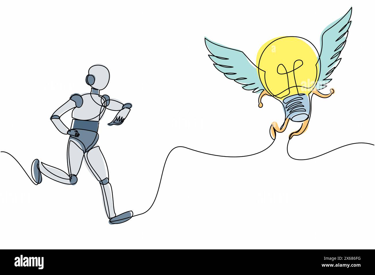 Una sola linea disegna robot che insegue una lampadina volante. Ricerca creatività, nuova invenzione. Sviluppo tecnologico futuro. Intelligenza artificiale. Illustrazione Vettoriale