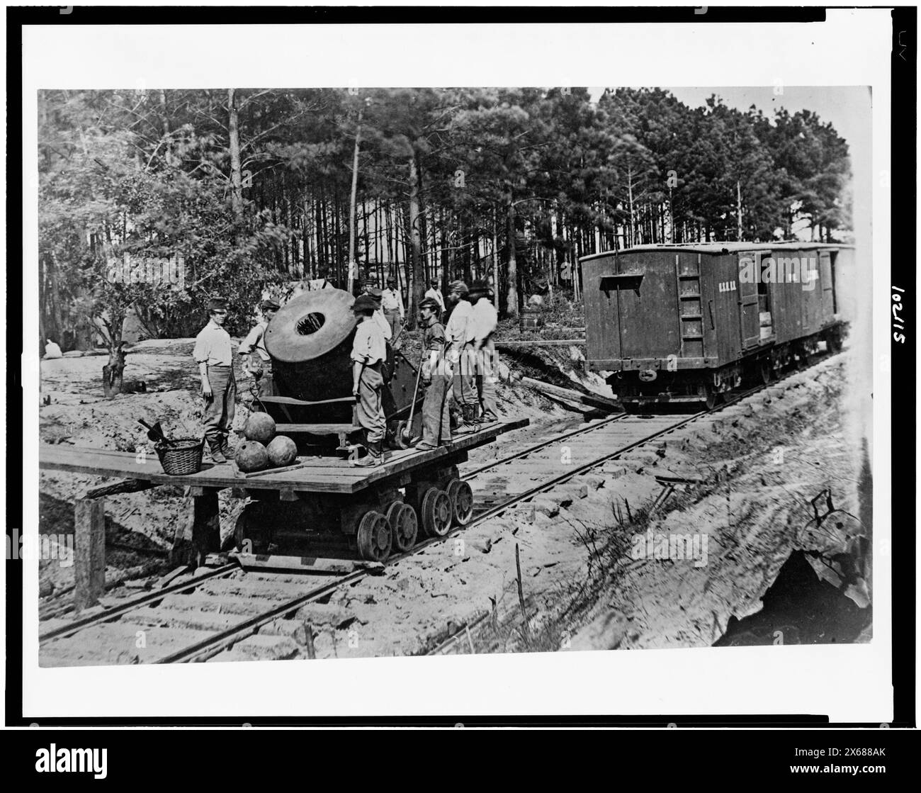 Soldati con mortaio su piccola vagone ferroviario, fotografie della guerra civile 1861-1865 Foto Stock