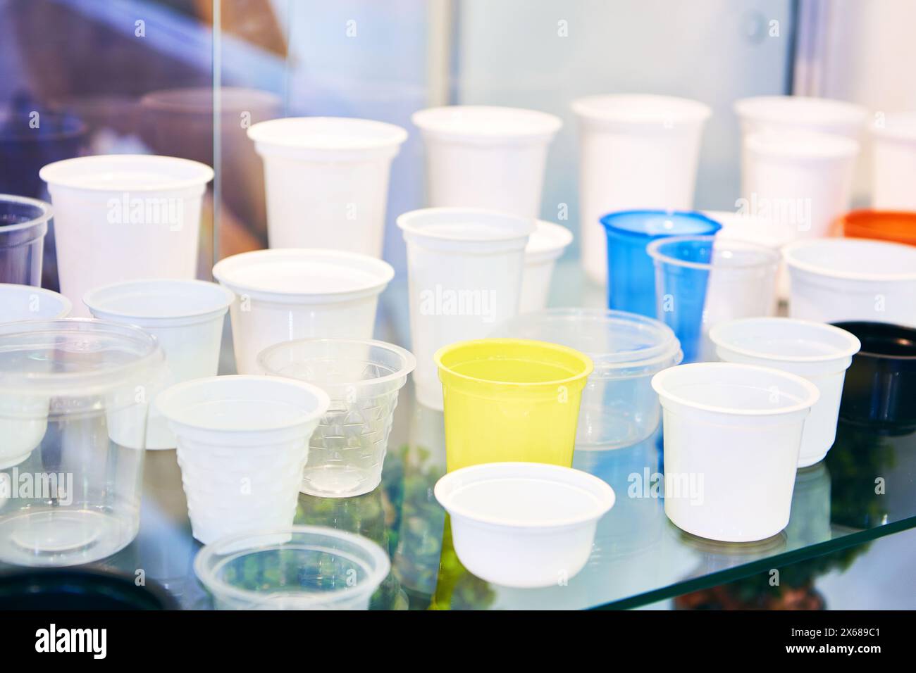 Imballaggi monouso in plastica per alimenti in mostra Foto Stock