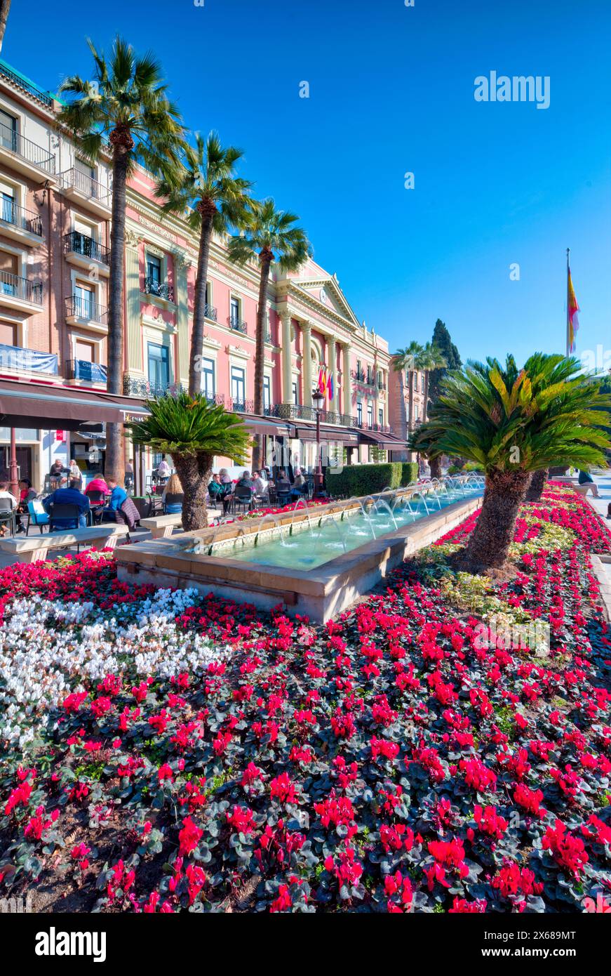 Municipio, Plaza de la Glorieta, decorazioni floreali, facciate di case, città vecchia, architettura, tour della città, Murcia, regione autonoma di Murcia, Spagna, Foto Stock