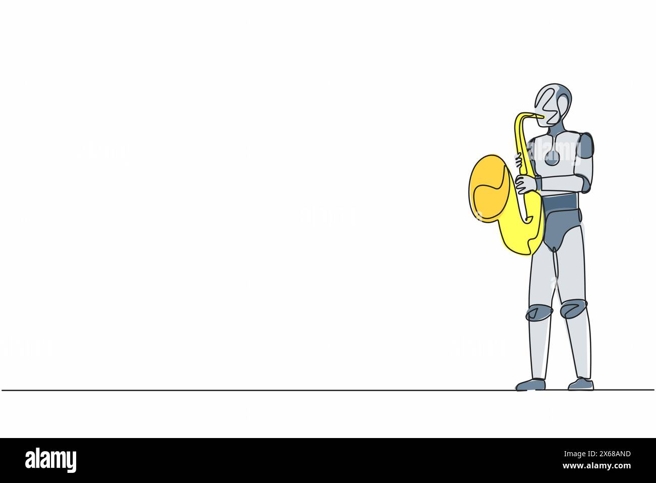 Sassofonista robotizzato a una sola linea si esibisce in musica jazz da festival. Sviluppo tecnologico futuro. Intelligenza artificiale e apprendimento automatico. Illustrazione Vettoriale