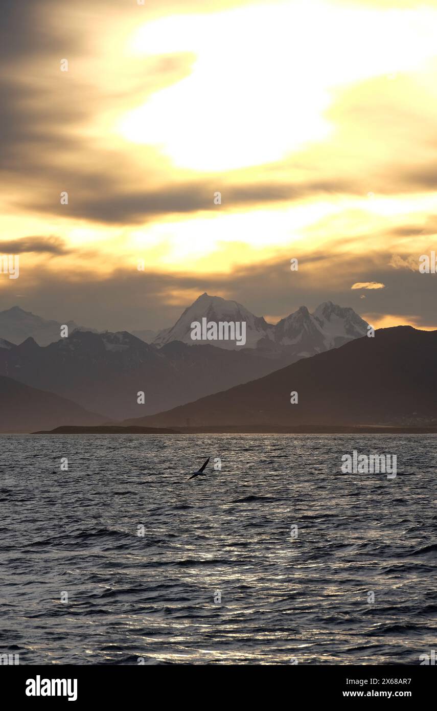 Ushuaia, Tierra del Fuego, Argentina, sole serale sul Canale di Beagle, il Canale di Beagle è un canale naturale sulla punta meridionale del Sud America che collega l'Oceano Atlantico con l'Oceano Pacifico. Ushuaia è la città più meridionale del mondo, la fine del mondo. Foto Stock