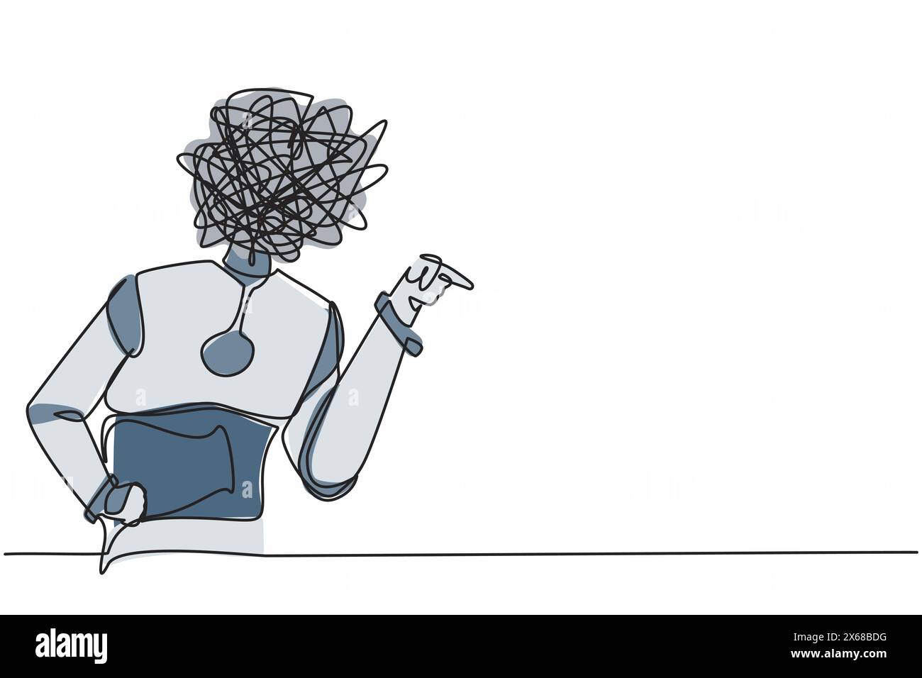 Robot di disegno continuo a una linea con scarabocchi rotondi al posto della testa. Robot arrabbiato che litigano, in conflitto. Litigio combattono aggressivo. Ciberneti umanoidi Illustrazione Vettoriale