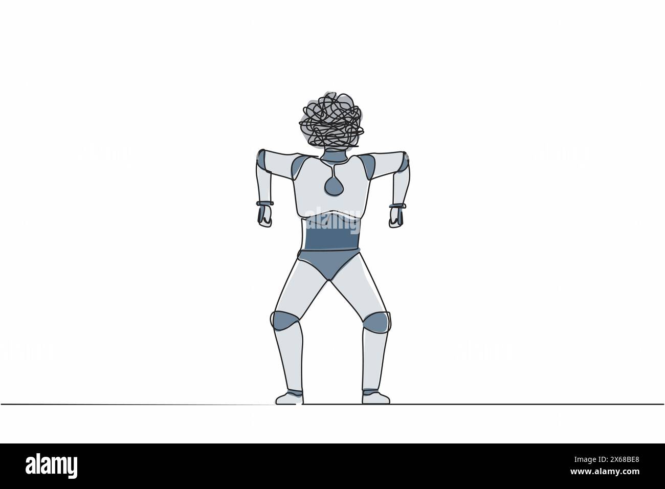 Robot di disegno a linea continua singola con scarabocchi rotondi invece della testa. Robot emotivo in rabbia. Provare rabbia. Tecnologia del futuro. intel artificiale Illustrazione Vettoriale
