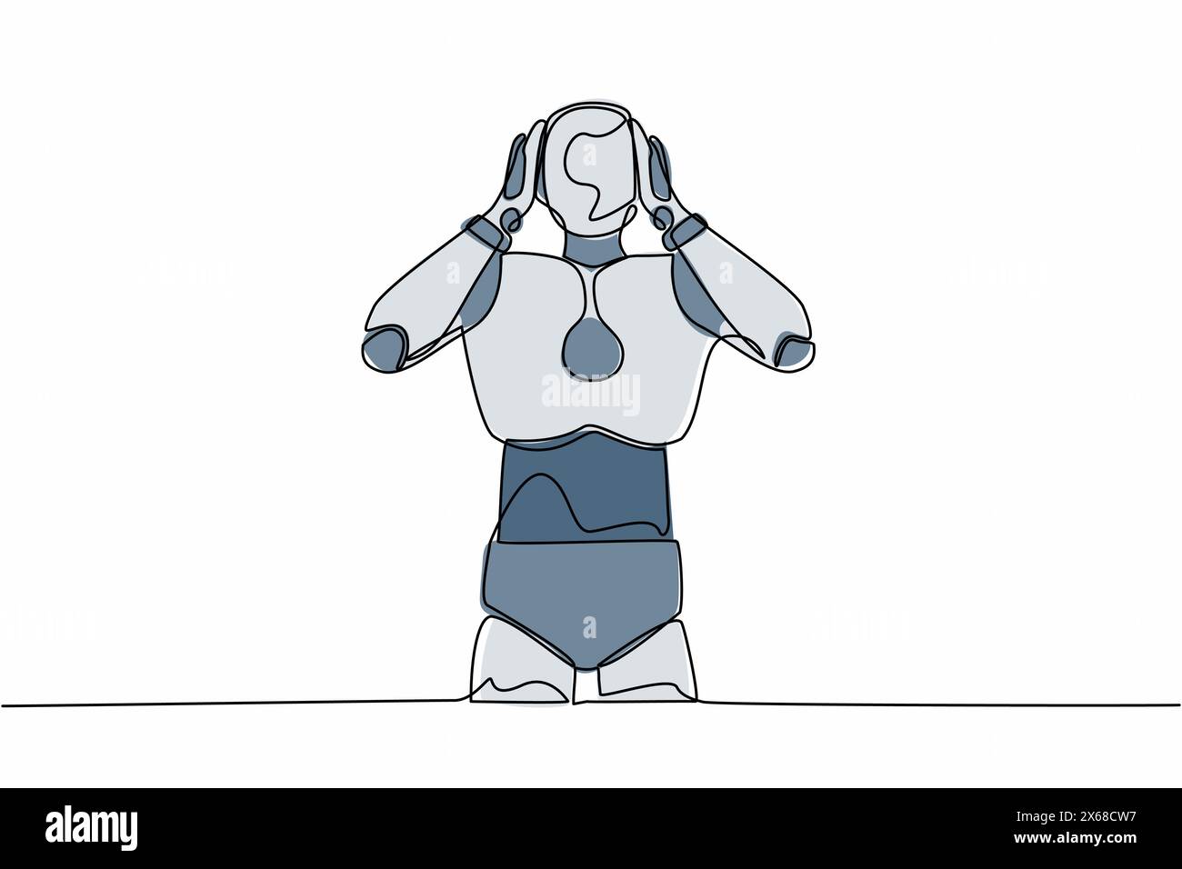 Robot a una sola linea che disegna in piedi con le orecchie coperte con le mani, senza sentire o ascoltare i gesti. Sviluppo tecnologico. Intelligenza artificiale Illustrazione Vettoriale