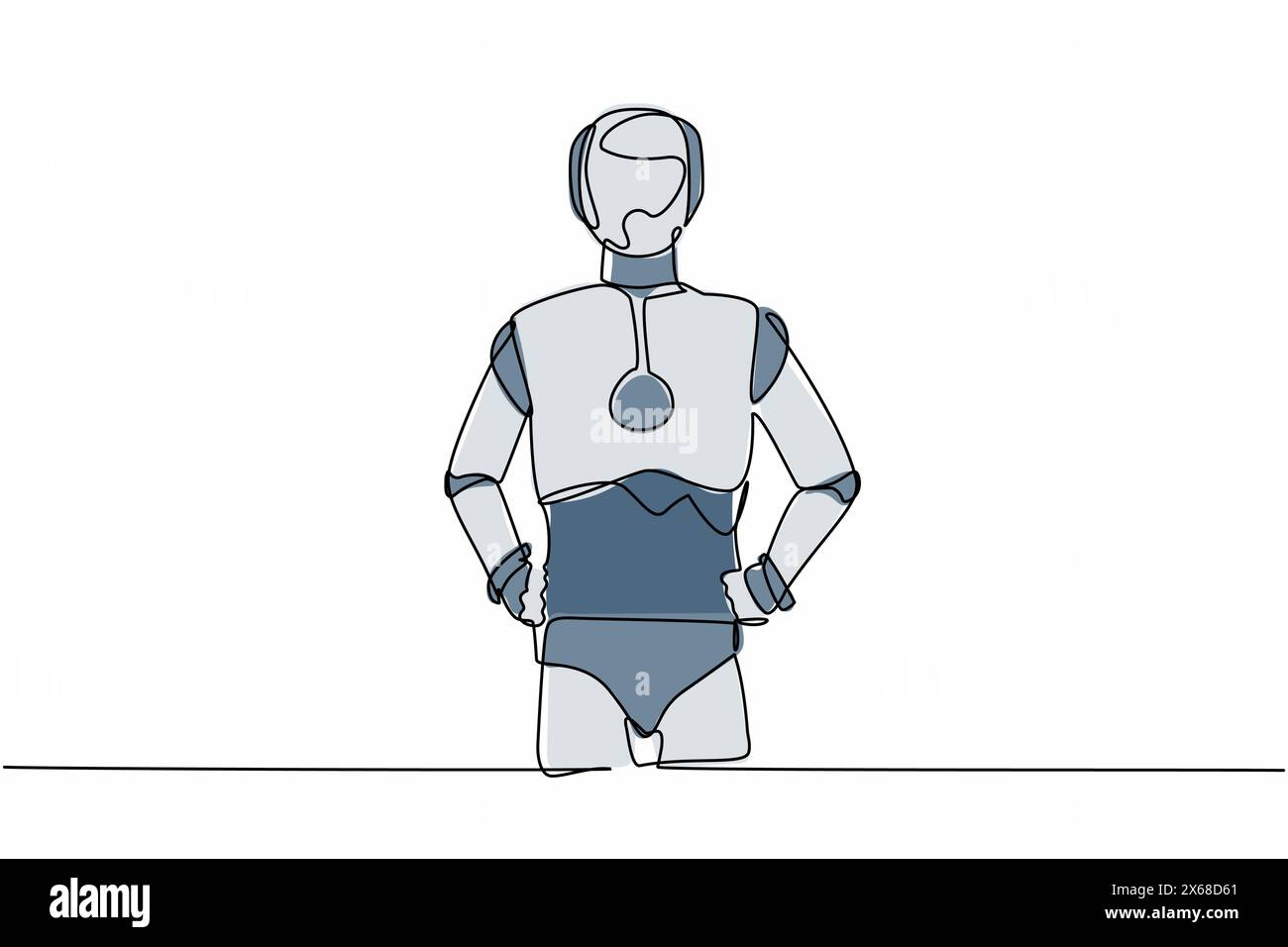 Robot continuo con una linea che disegna in piedi e tiene la mano sull'anca. Cyborg di fiducia. Organismo cibernetico robot umanoide. Sviluppo robotico futuro. Illustrazione Vettoriale