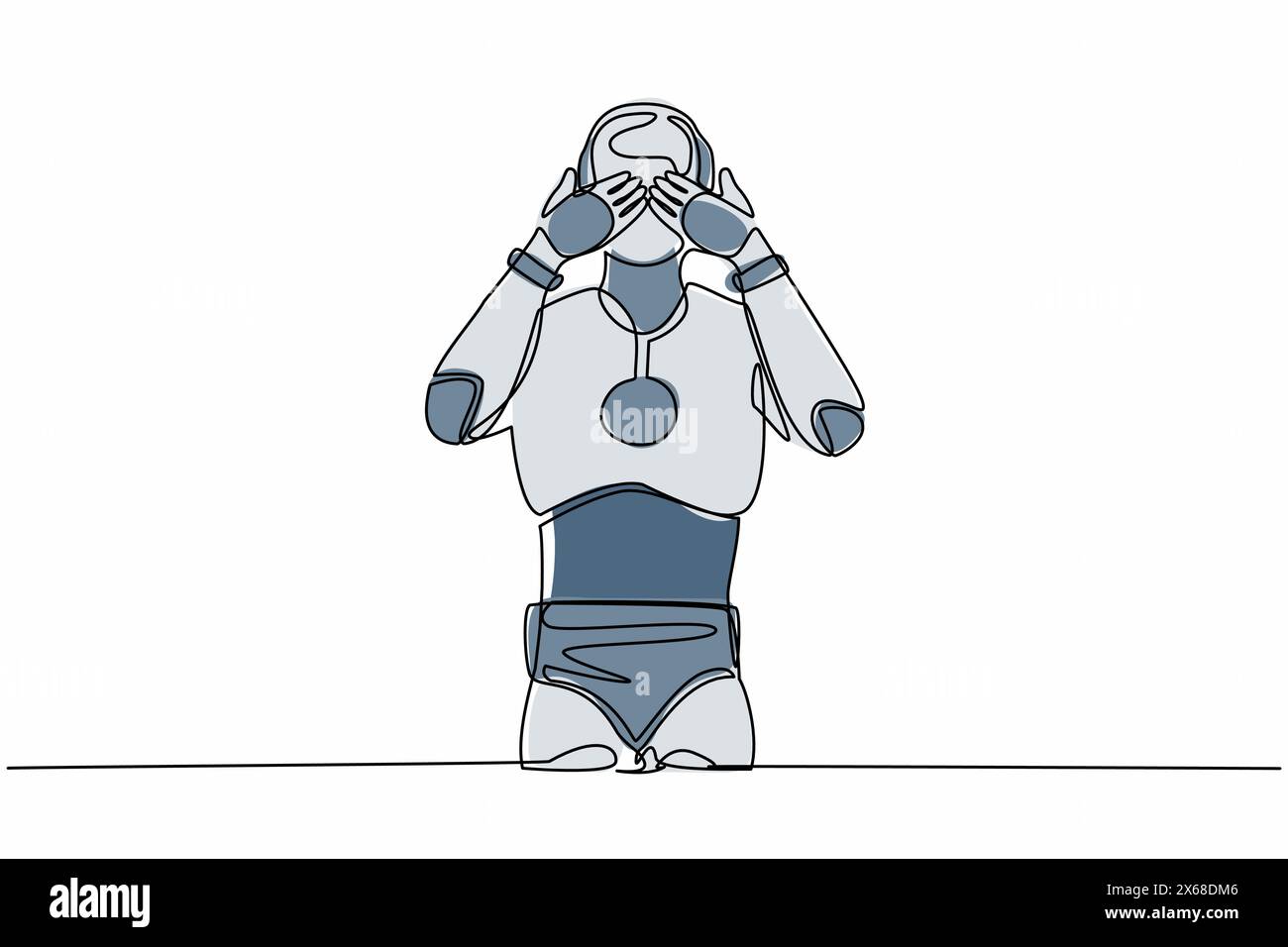 Un robot a linea continua che disegna in piedi coprendo gli occhi con le mani a causa del disgusto e della riluttanza a vedere qualcosa. Robotica artificiale Illustrazione Vettoriale