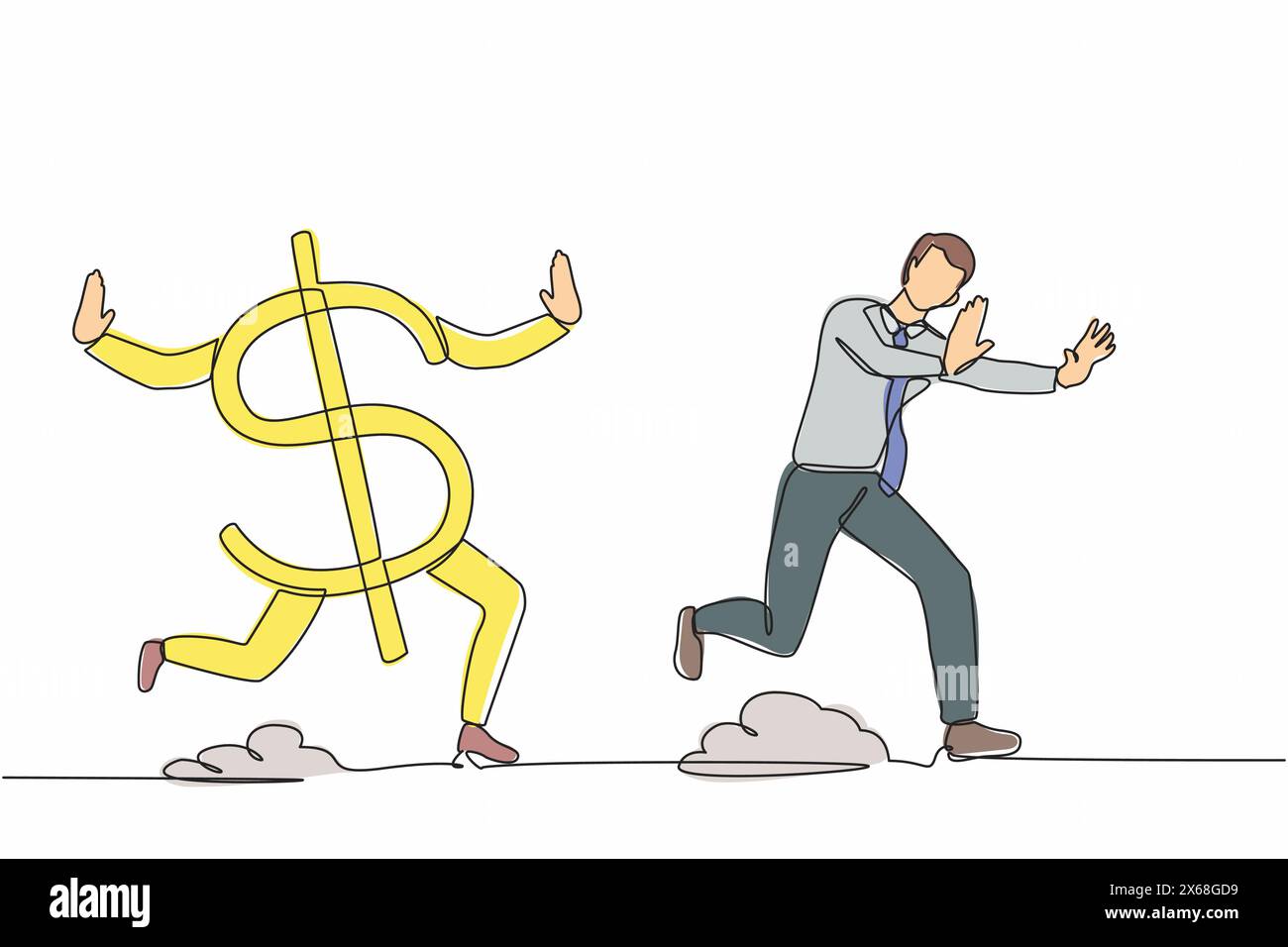 Il disegno a linea singola continua ha sottolineato l'uomo d'affari inseguito dal simbolo del dollaro. Un impiegato che perde i suoi soldi. Crisi finanziaria. Metafore minimalista Illustrazione Vettoriale