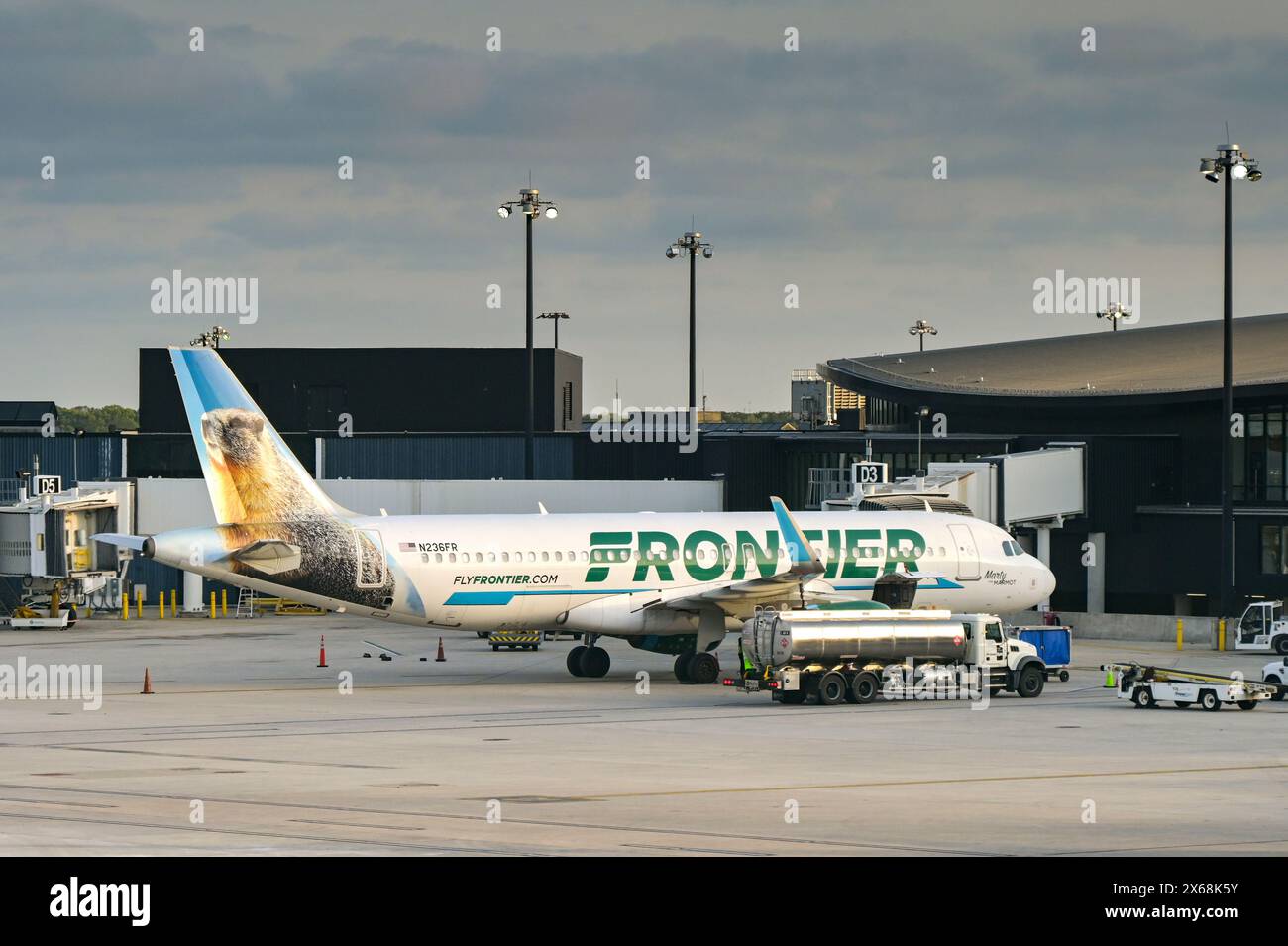 Baltimora, Maryland, Stati Uniti - 3 maggio 2024: Airbus A320 jet operato da Frontier Airlines (registrazione N236FR) rifornimento presso l'aeroporto di Baltimora Washington Foto Stock Baltimora, Maryland, Stati Uniti - 3 maggio 2024: Airbus A320 jet operato da Frontier Airlines (registrazione N236FR) rifornimento presso l'aeroporto di Baltimora Washington Foto Stock