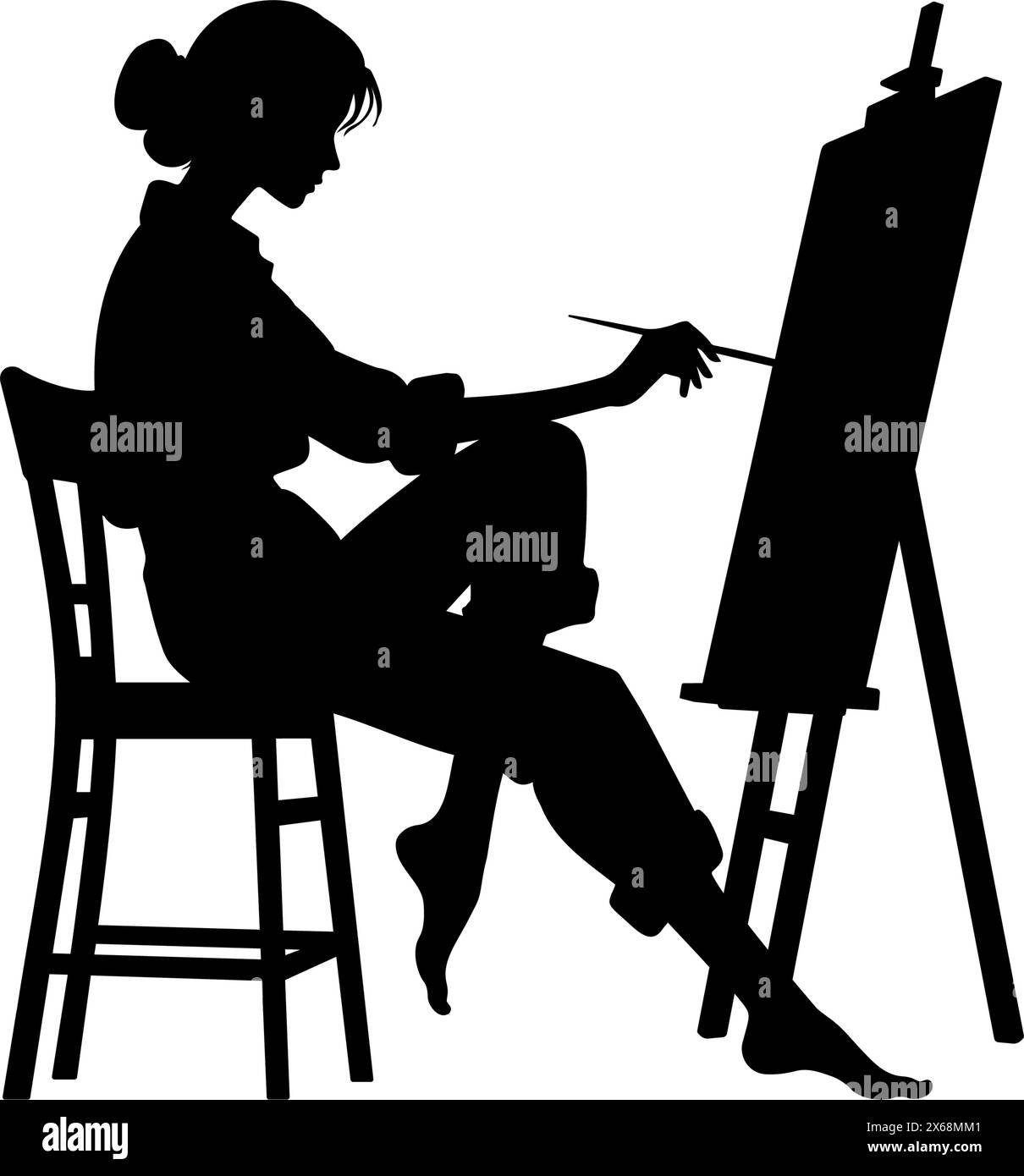 Silhouette di un'artista donna che dipinge una tela su un cavalletto. illustrazione vettoriale Illustrazione Vettoriale