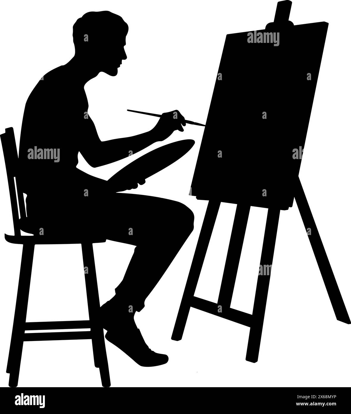 Silhouette di un artista maschile che dipinge una tela su un cavalletto. illustrazione vettoriale Illustrazione Vettoriale