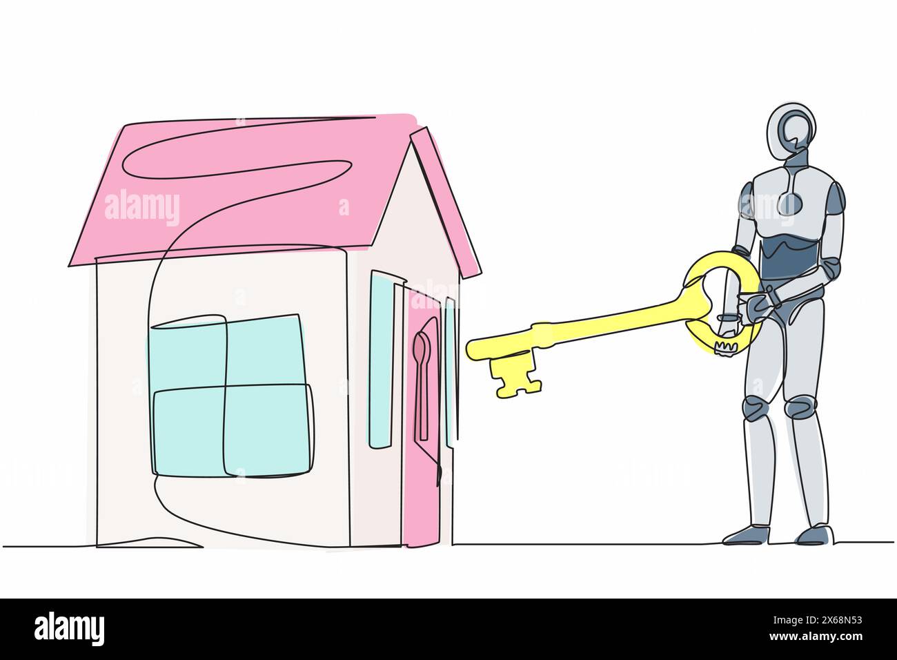 Robot di disegno a linea continua singolo che mette la chiave grande in casa. Investire denaro in beni immobili. Prestito della casa, mutuo immobiliare. intel artificiale robot Illustrazione Vettoriale