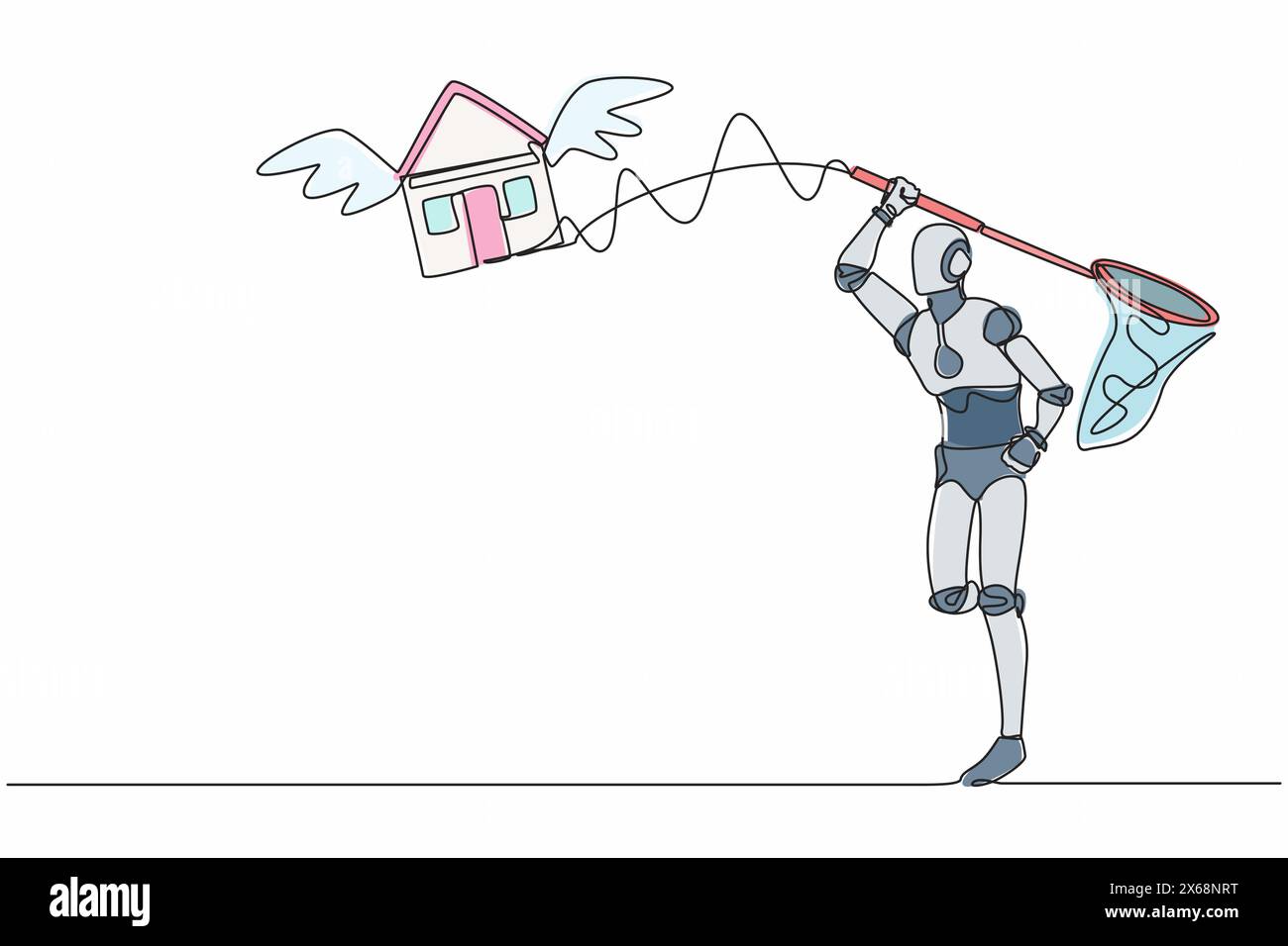 Un robot di disegno a una sola linea cerca di catturare la casa volante con la rete a farfalla. Aumenti dei prezzi dei prestiti per l’edilizia abitativa. Sviluppo tecnologico futuro. Continu Illustrazione Vettoriale