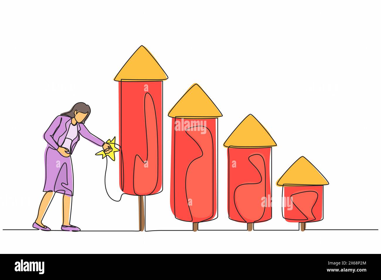 Una donna d'affari che disegna una linea continua accende i fuochi d'artificio a barre per aumentare la crescita dell'azienda. Sviluppo di carriera e aumento del profitto economico Illustrazione Vettoriale