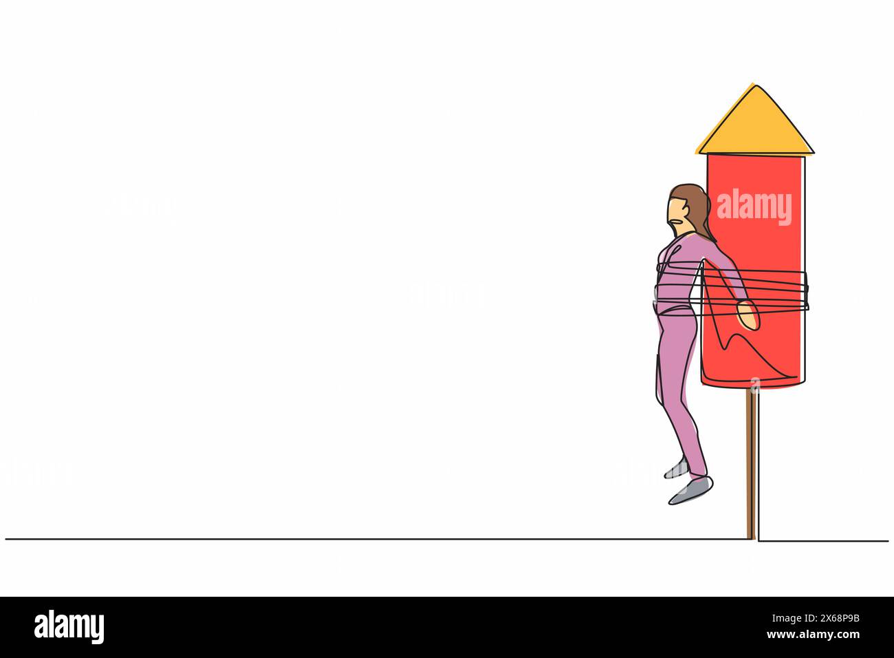 Una singola linea continua che attira una donna d'affari licenziata e legata al lancio di razzi, sentendosi spaventata e dolorosa. Paura della crisi finanziaria. Affari Illustrazione Vettoriale
