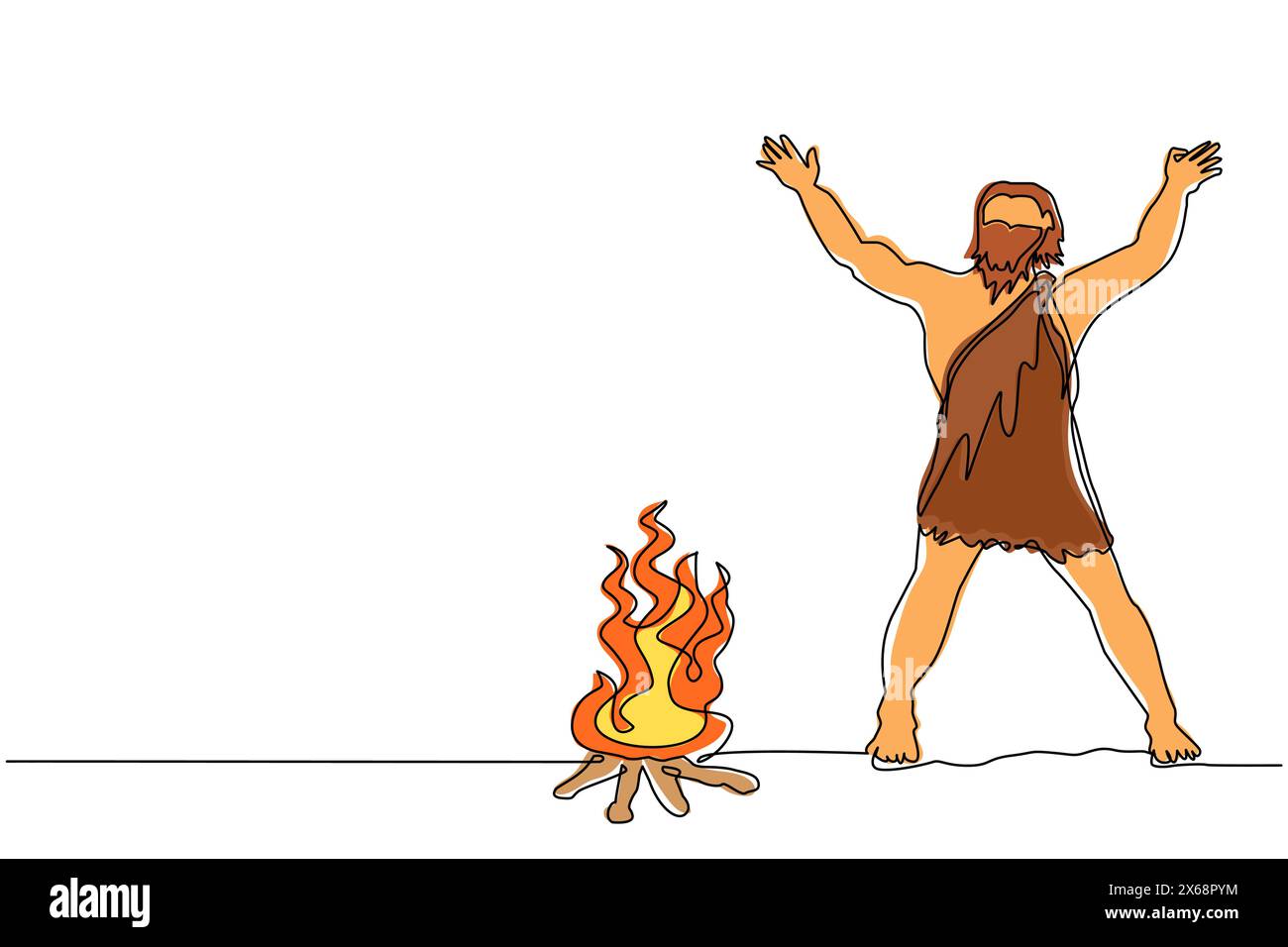 Linea singola continua che disegna un uomo preistorico in piedi intorno al falò. Caveman si alza e alza due mani intorno al fuoco. Riscalda il suo corpo Illustrazione Vettoriale