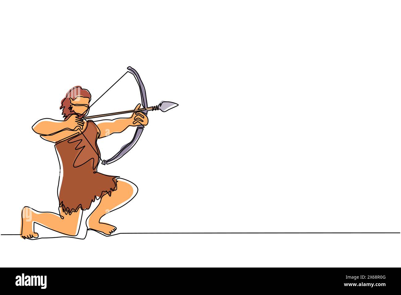 Linea singola continua che disegna una persona primitiva caccia agli animali. Cacciatore dell'età della pietra, uomo a caccia di un antico animale con arco e freccia, uomo di preistoria Illustrazione Vettoriale