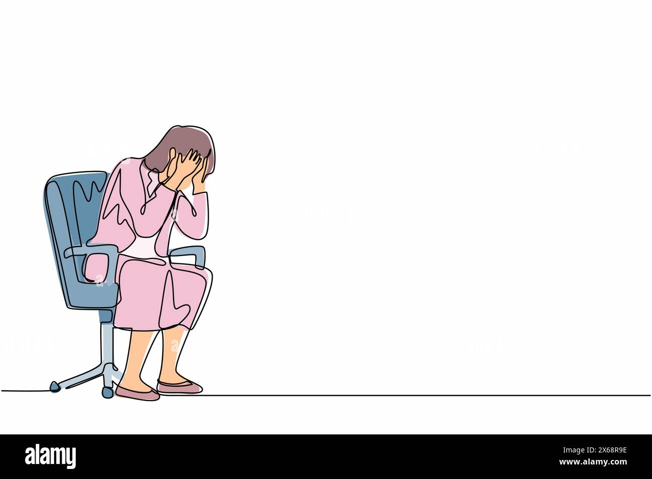 Una sola linea continua disegna una donna d'affari frustrata che tiene la testa seduta da sola sulla sedia. Rimpianto per errore d'affari, frustrazione, depressione Illustrazione Vettoriale