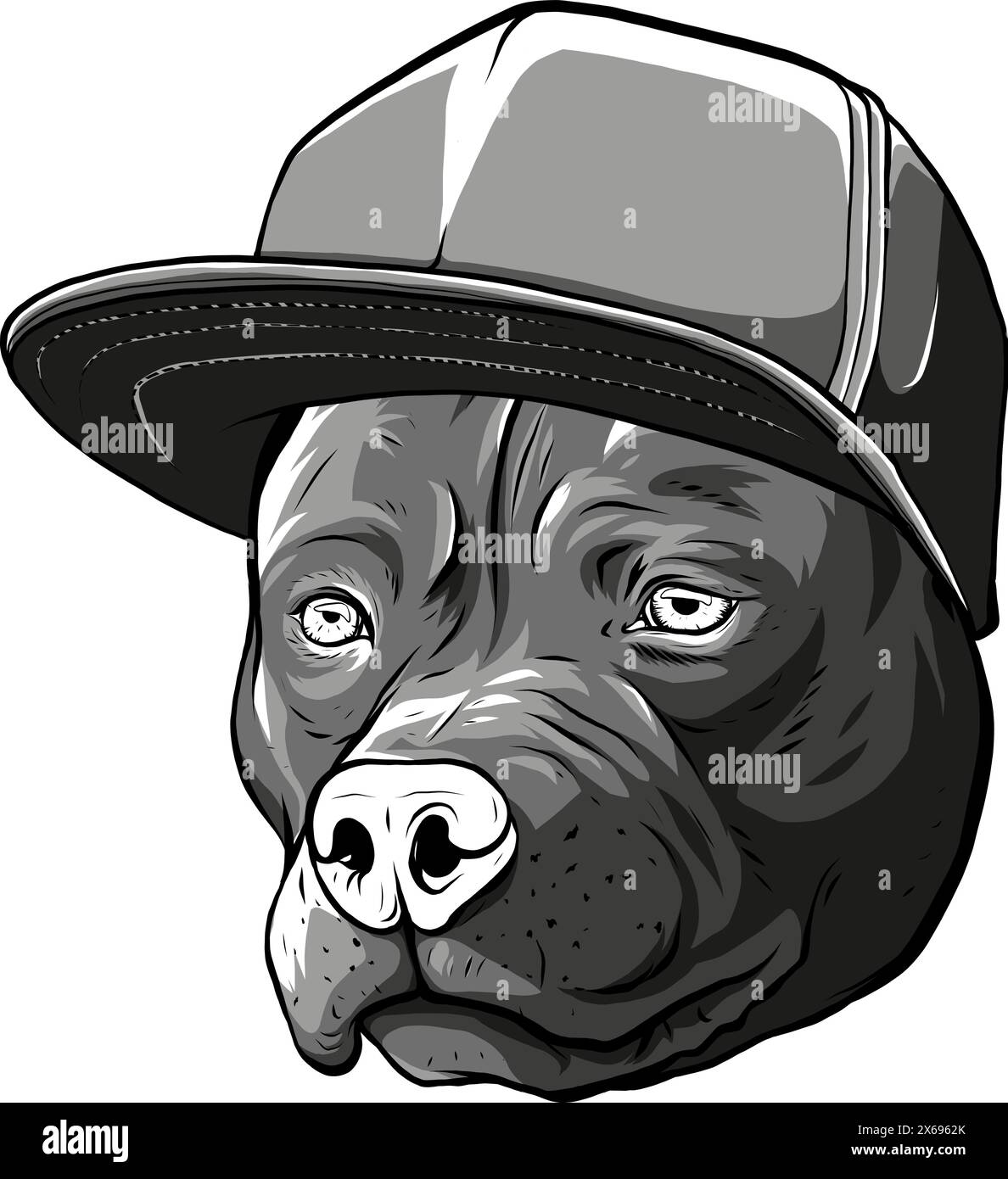 Illustrazione vettoriale della testa Pitbull monocromatica con HAT Illustrazione Vettoriale