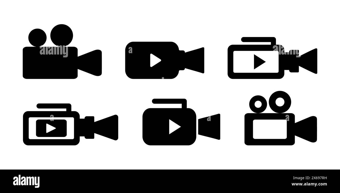 Raccolta di icone di videocamere e videocamere nere con vari stili per l'uso multimediale. Illustrazione Vettoriale